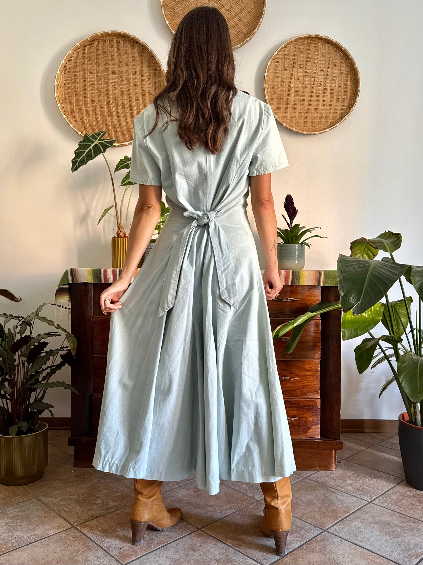 1970's vintage light blue structured button down maxi dress