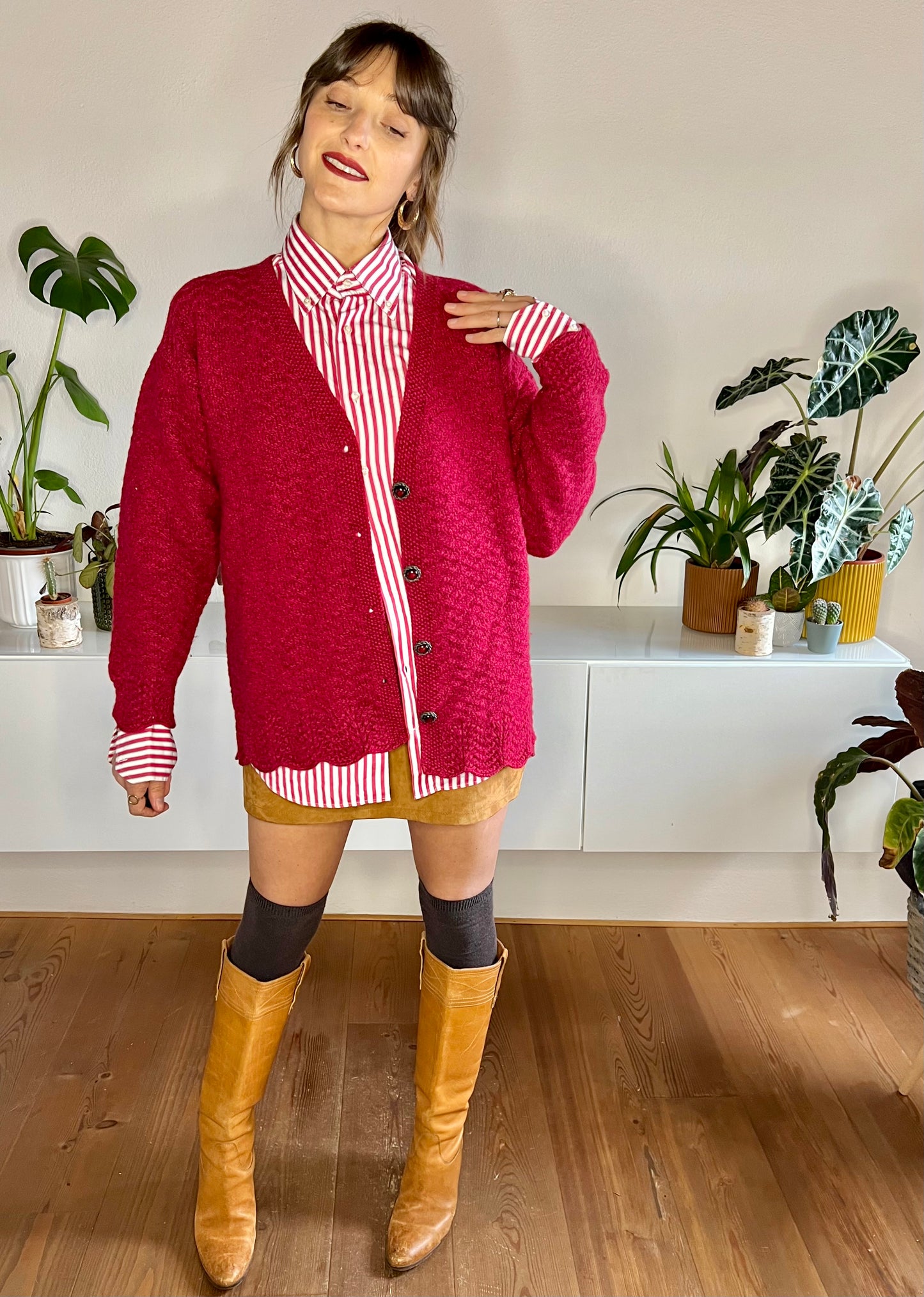 1970's vintage oversize burgundy hand knit wool cardigan