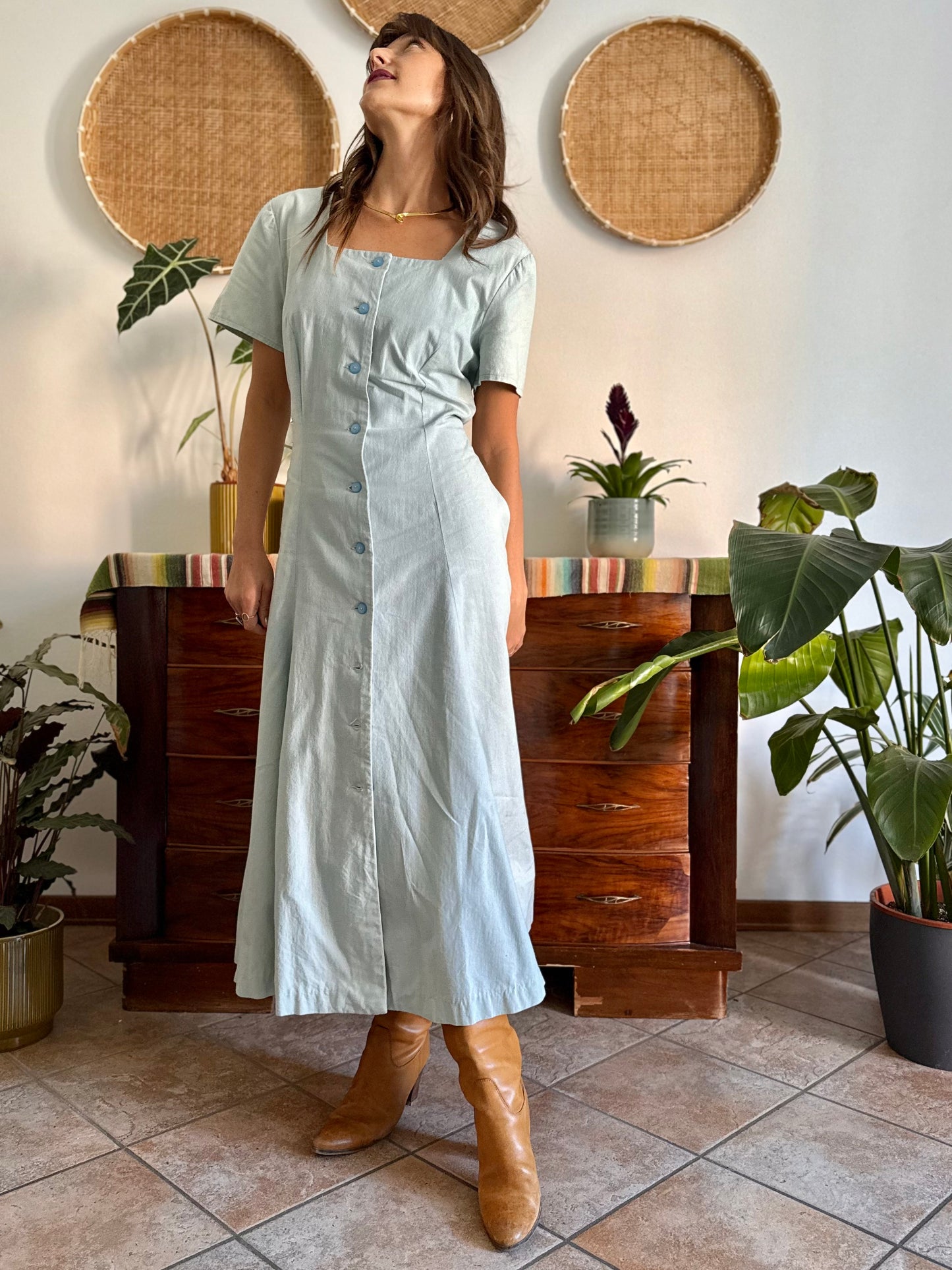 1970's vintage light blue structured button down maxi dress