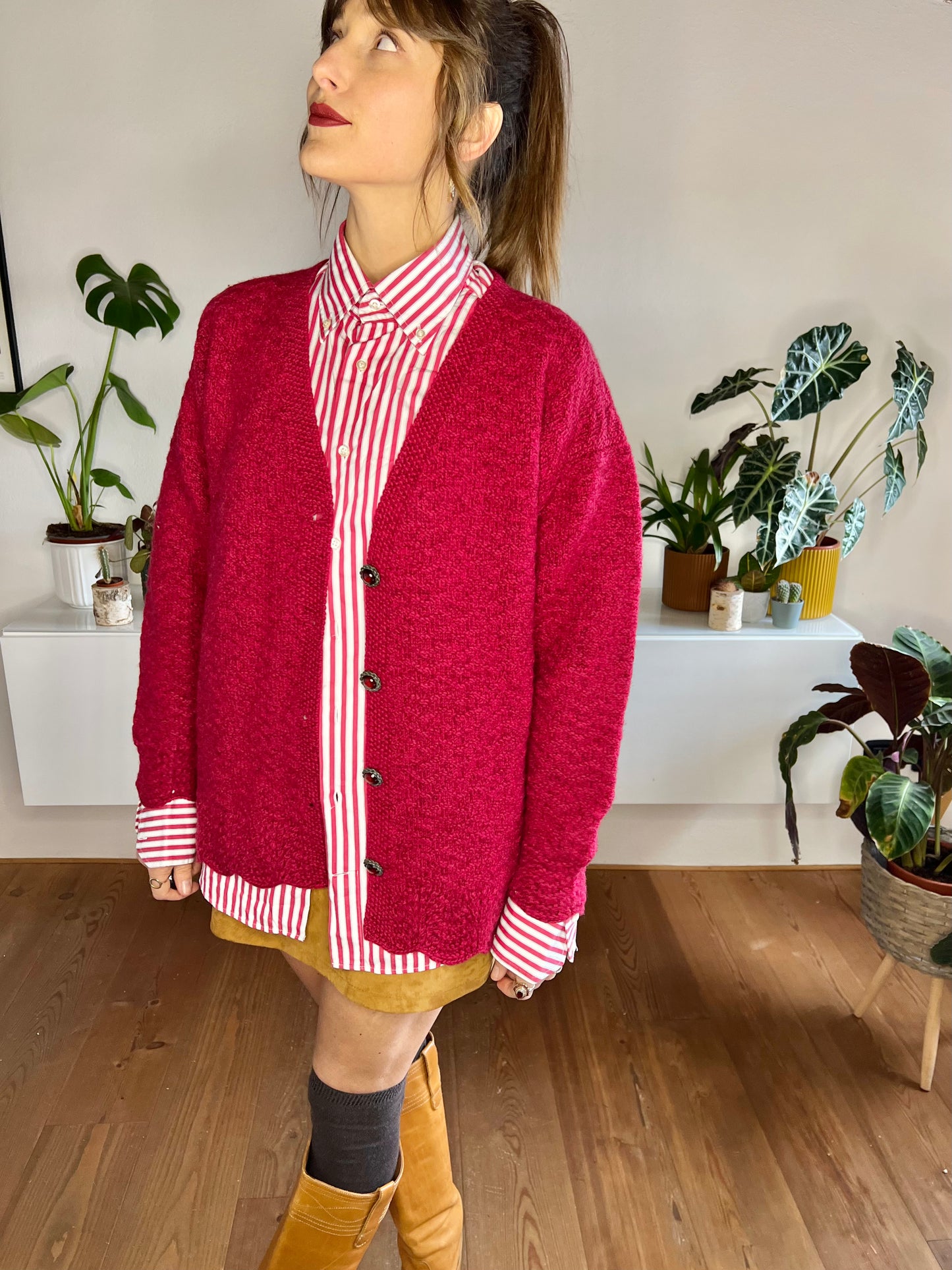 1970's vintage oversize burgundy hand knit wool cardigan