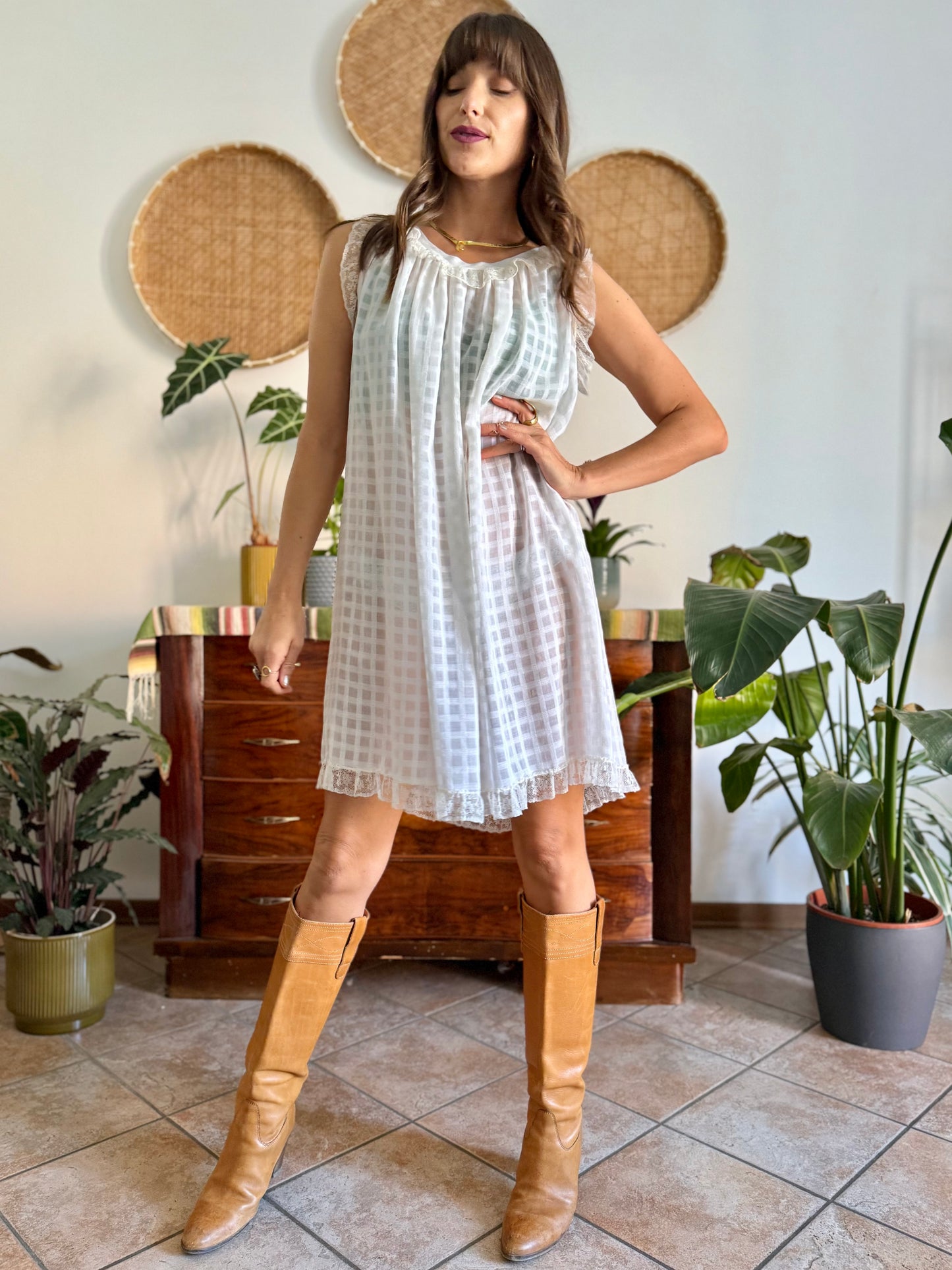 1970's vintage semi sheer cream plaid mini slip dress with lace ruffle and trim