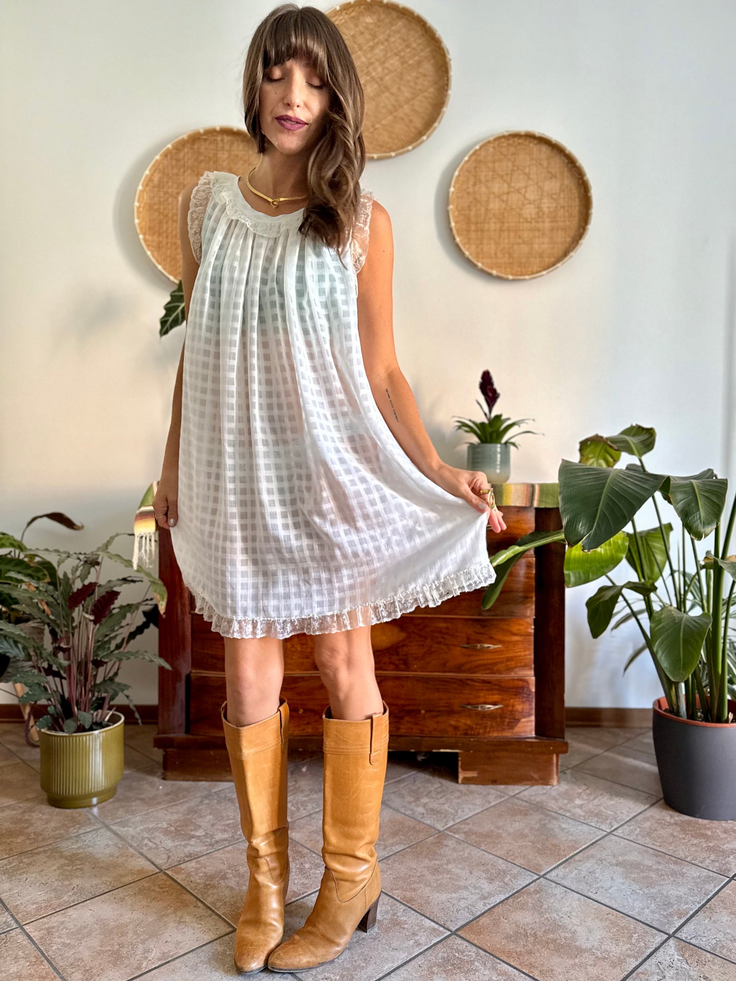 1970's vintage semi sheer cream plaid mini slip dress with lace ruffle and trim