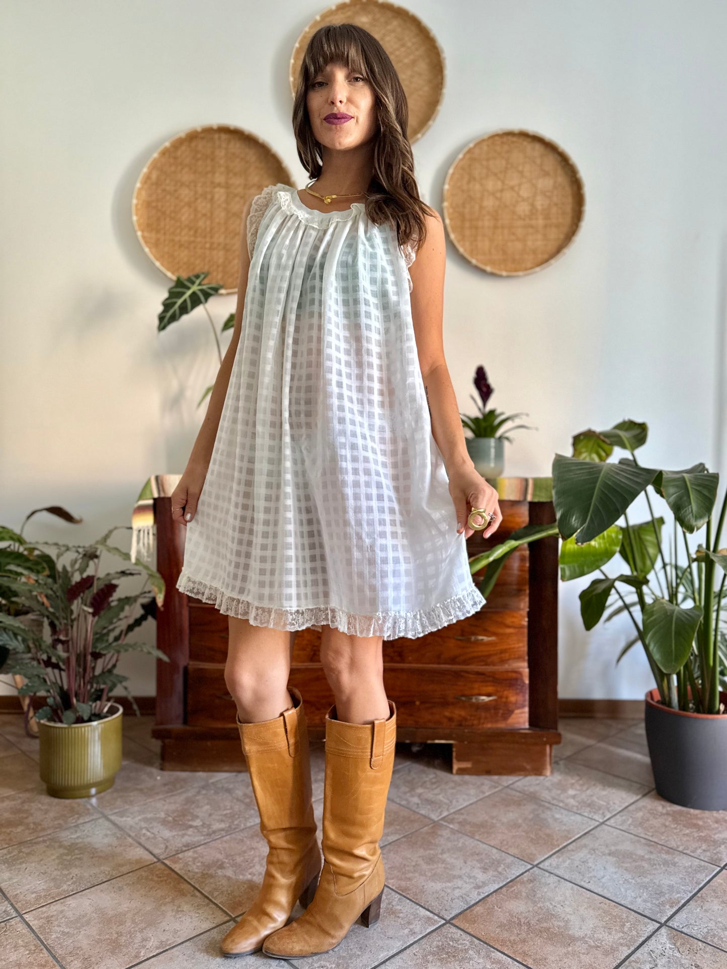 1970's vintage semi sheer cream plaid mini slip dress with lace ruffle and trim