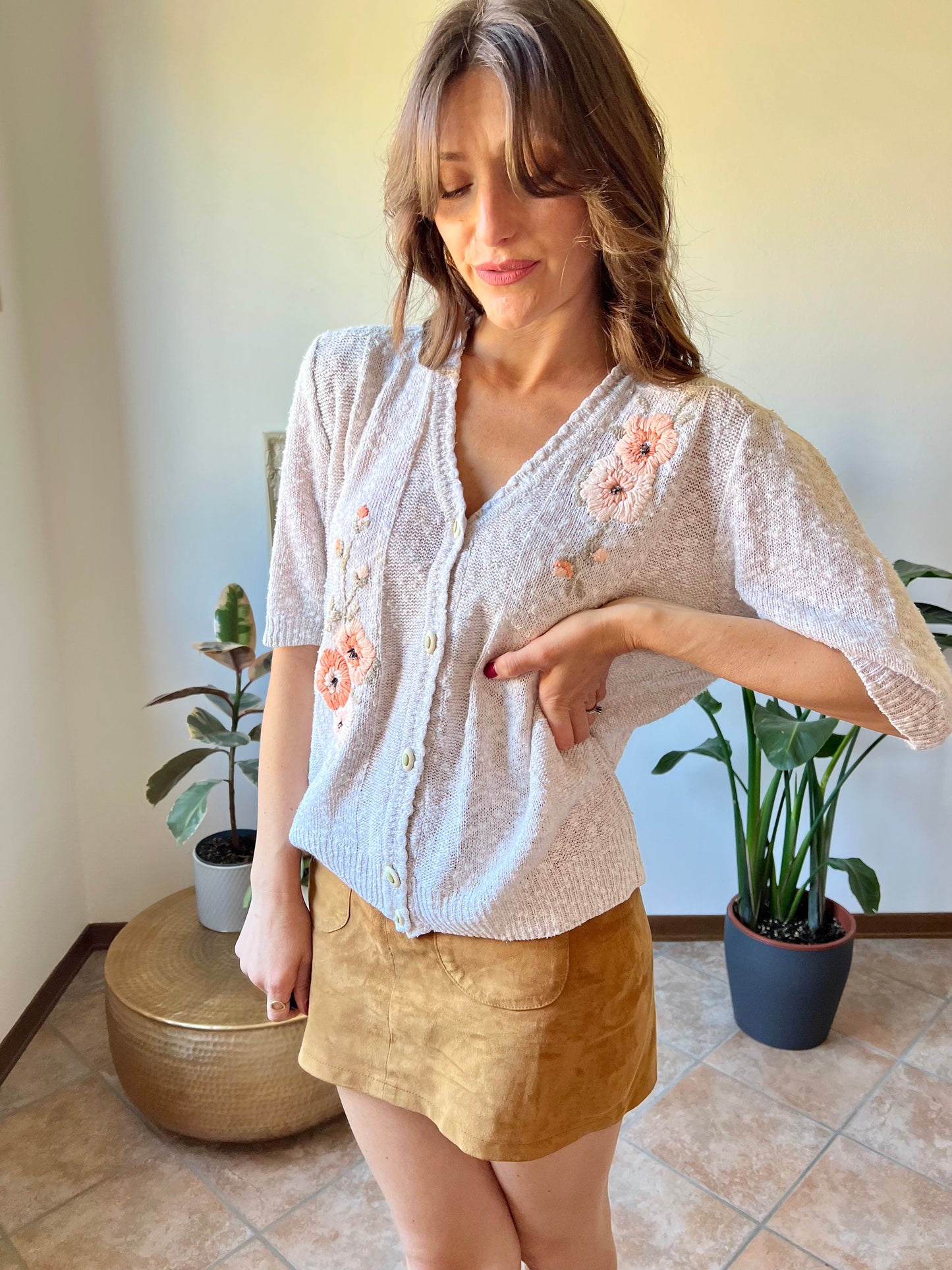 1970's vintage oatmeal knit cardigan top with peach floral embroidery with glass bead details