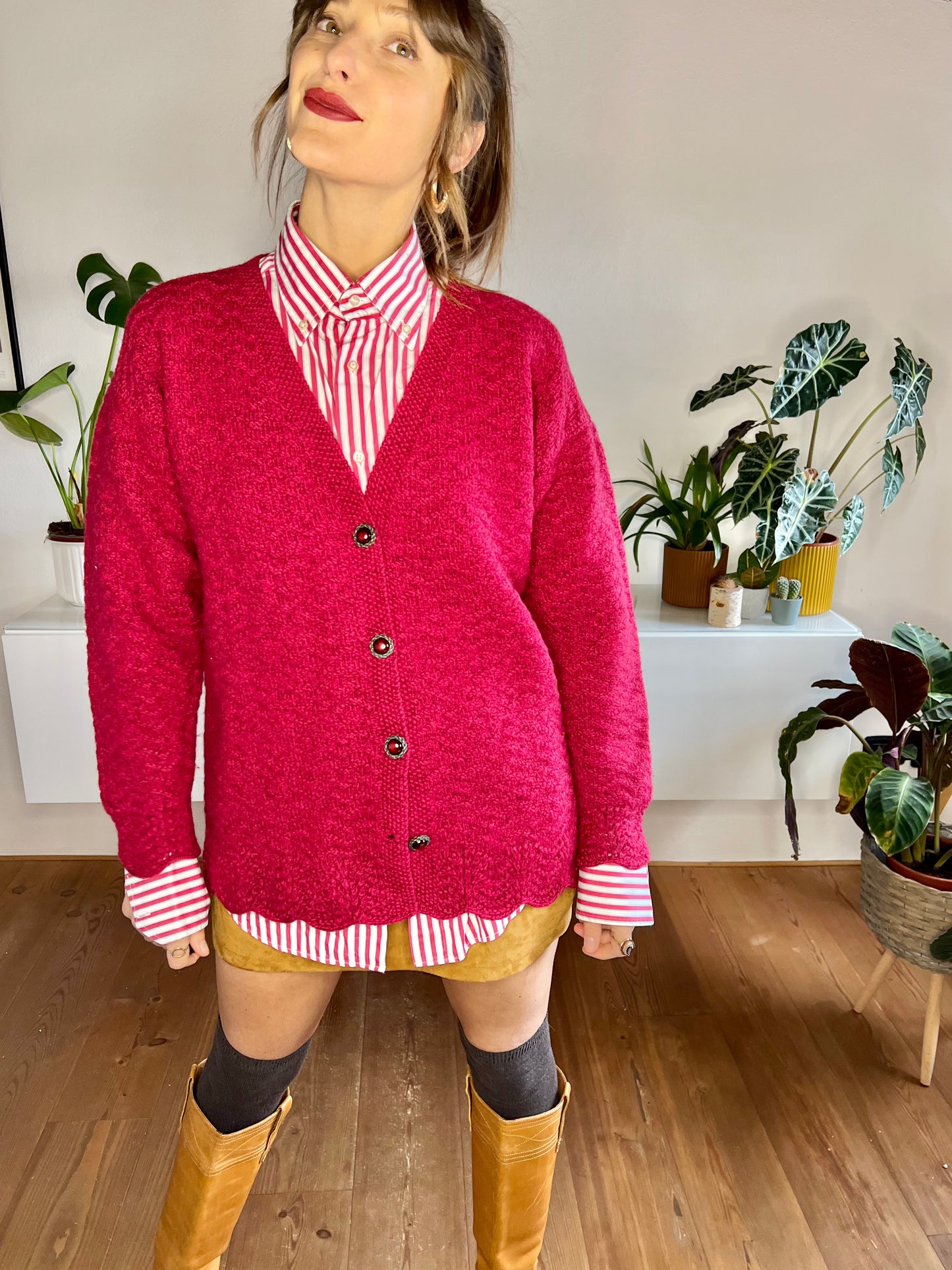 1970's vintage oversize burgundy hand knit wool cardigan