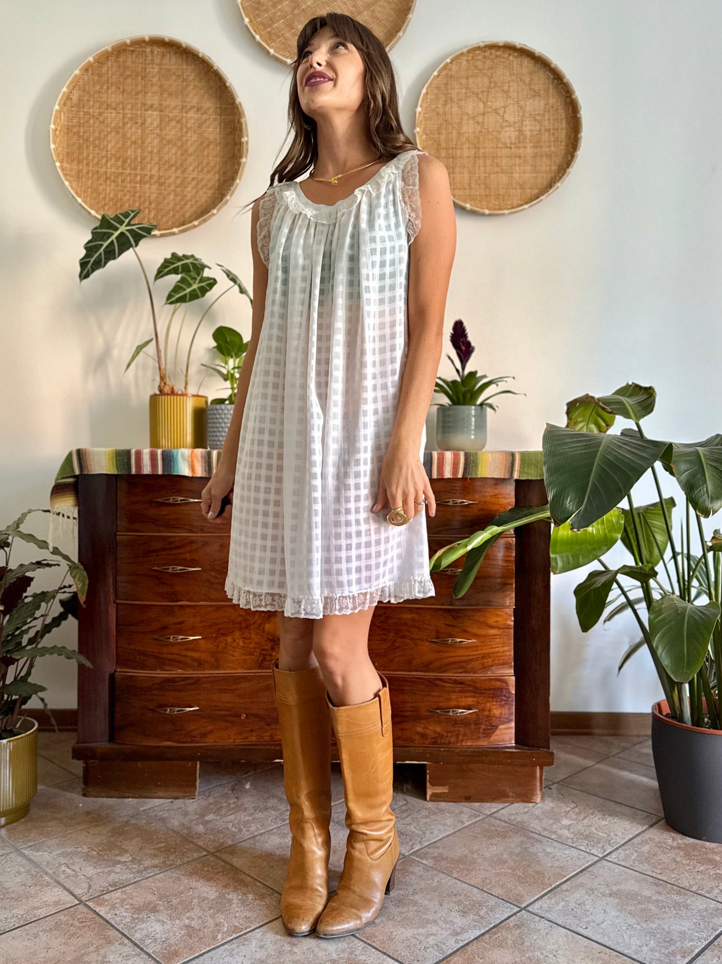 1970's vintage semi sheer cream plaid mini slip dress with lace ruffle and trim