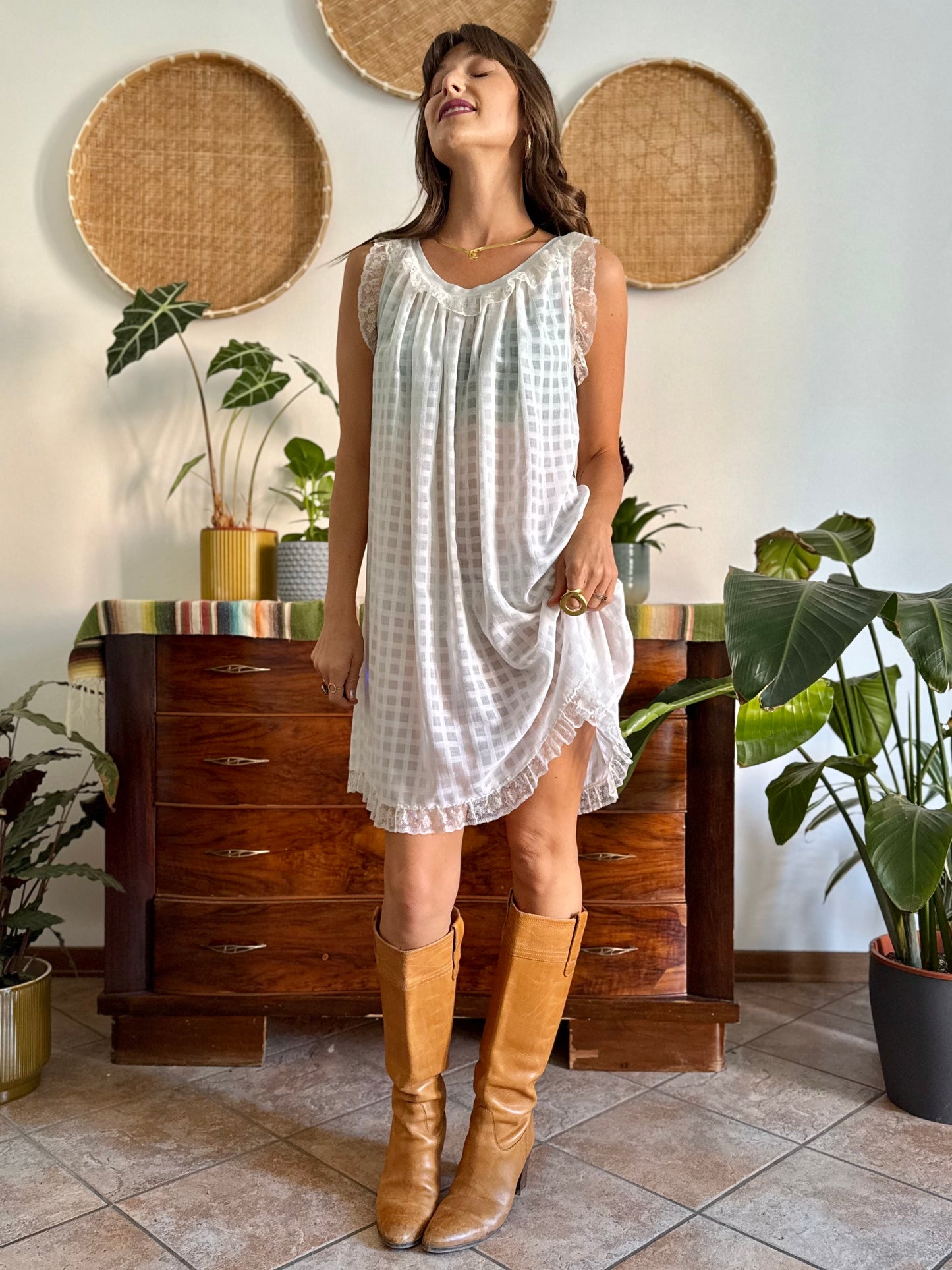 1970's vintage semi sheer cream plaid mini slip dress with lace ruffle and trim