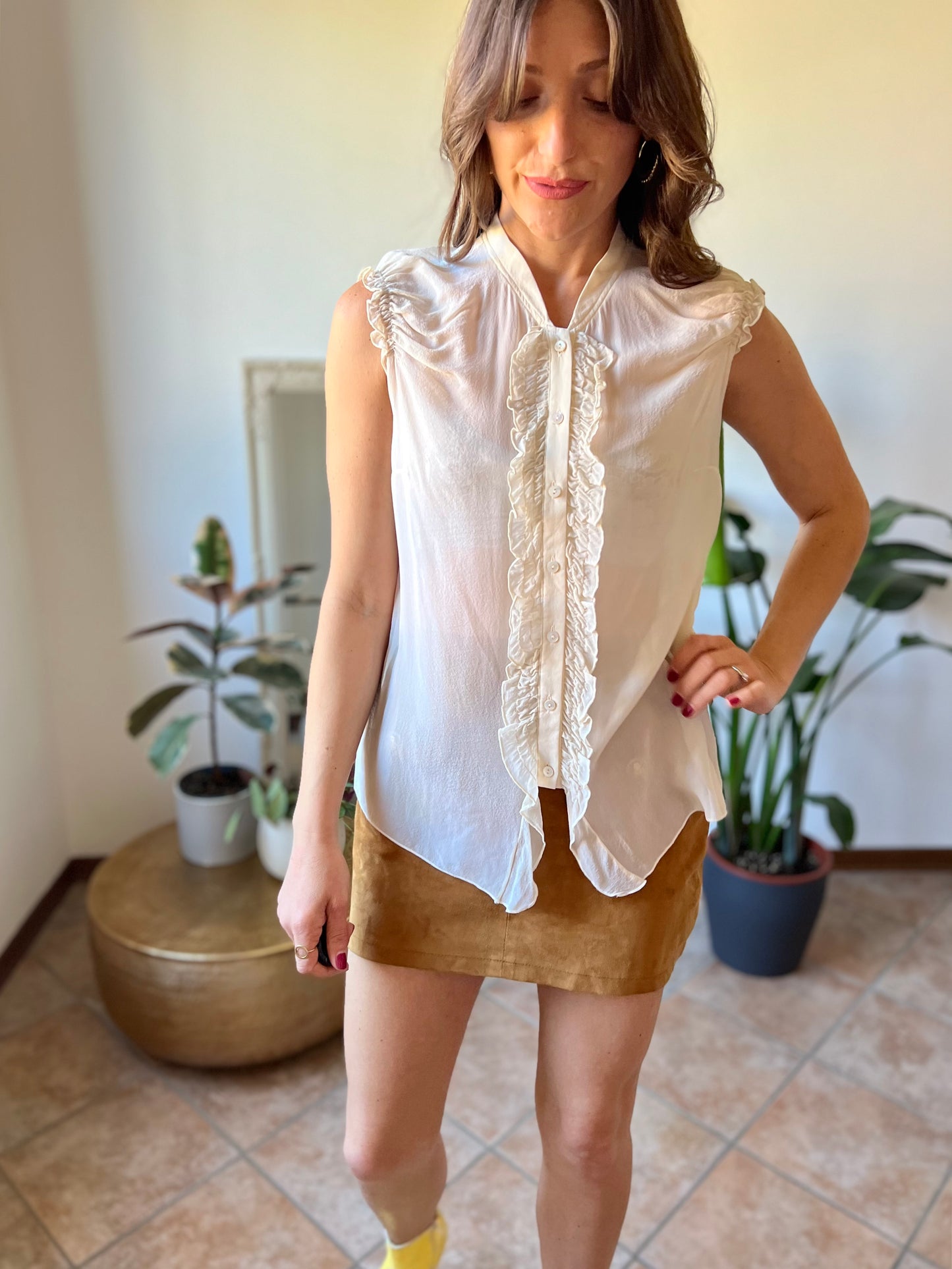 1990's vintage sheer silk cream blouse with ruffle details along from and shoulders