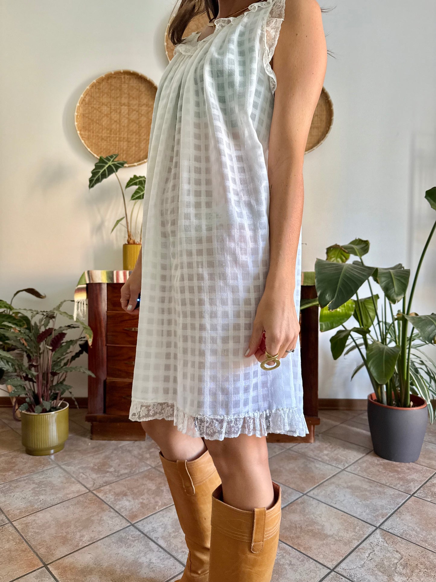 1970's vintage semi sheer cream plaid mini slip dress with lace ruffle and trim