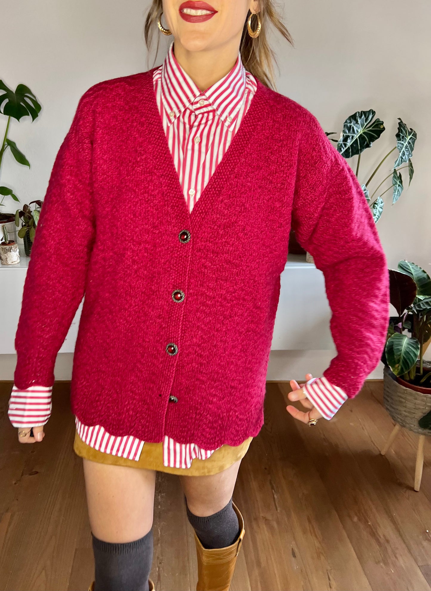 1970's vintage oversize burgundy hand knit wool cardigan