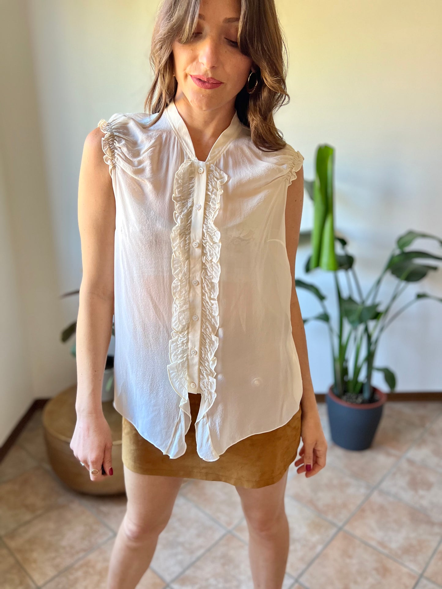 1990's vintage sheer silk cream blouse with ruffle details along from and shoulders