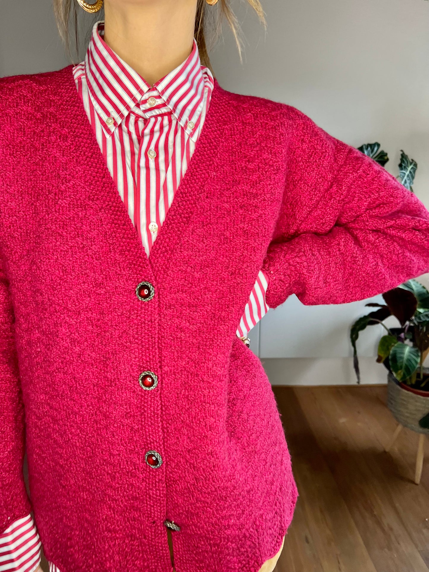 1970's vintage oversize burgundy hand knit wool cardigan