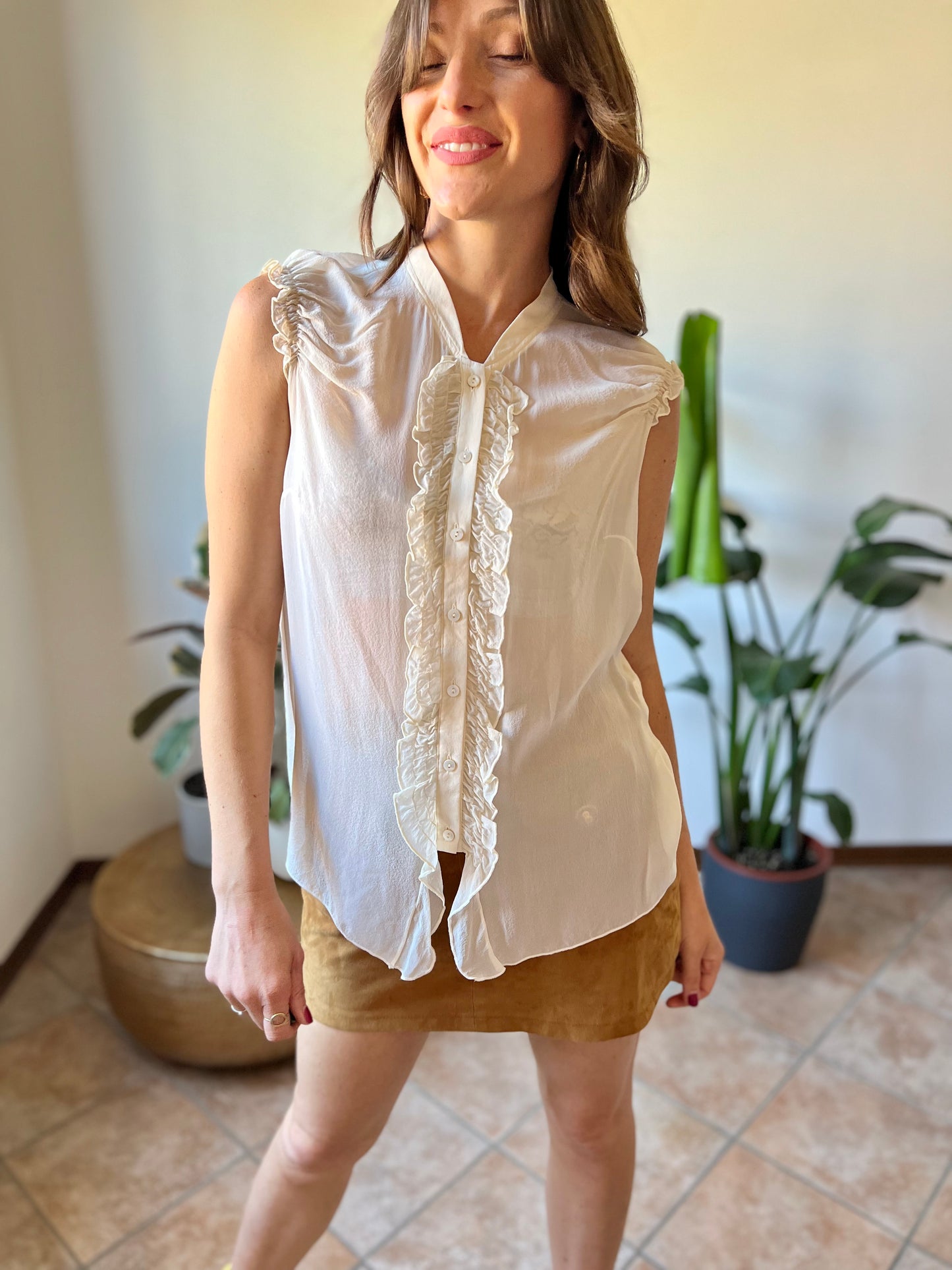 1990's vintage sheer silk cream blouse with ruffle details along from and shoulders