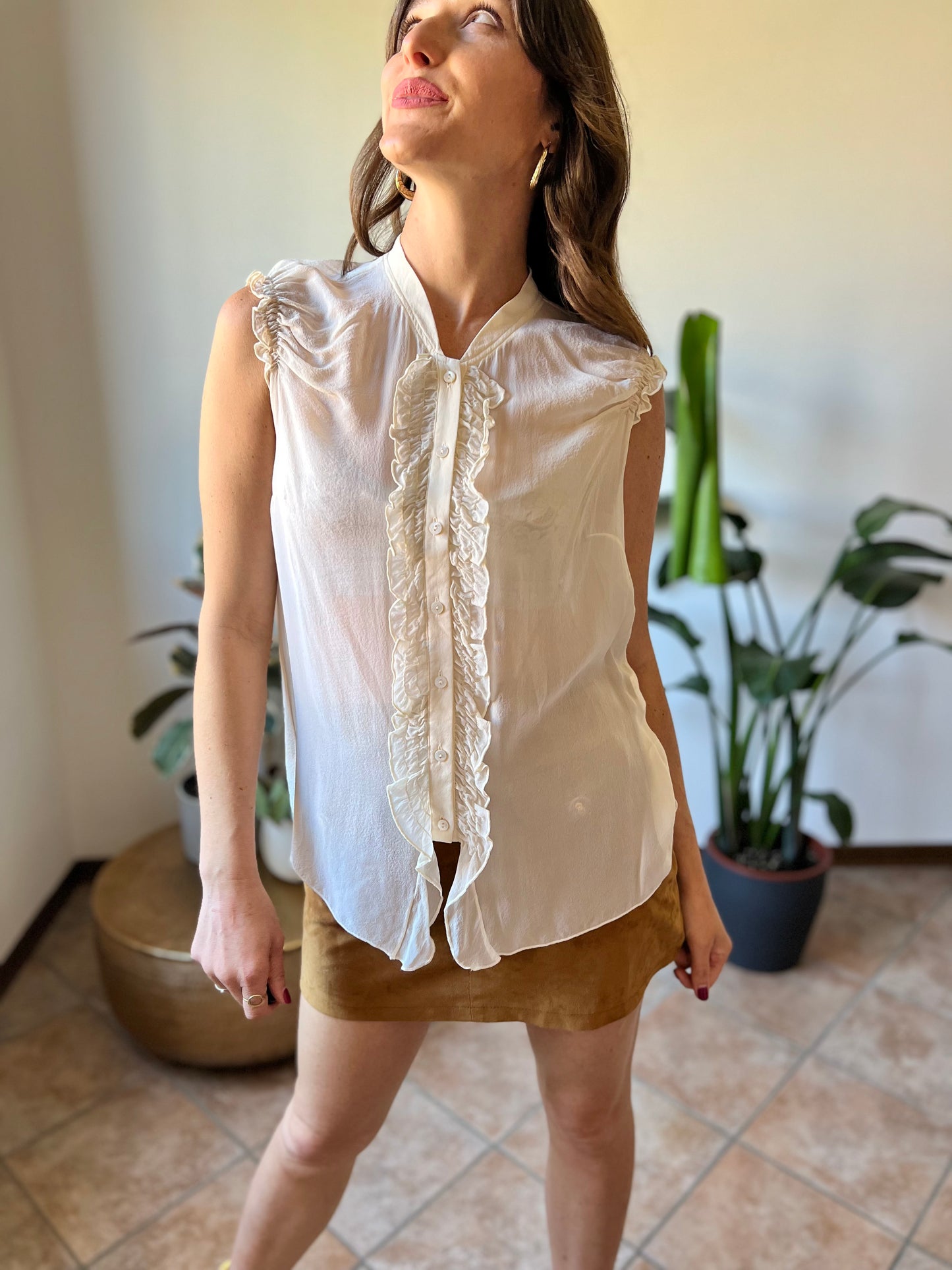 1990's vintage sheer silk cream blouse with ruffle details along from and shoulders