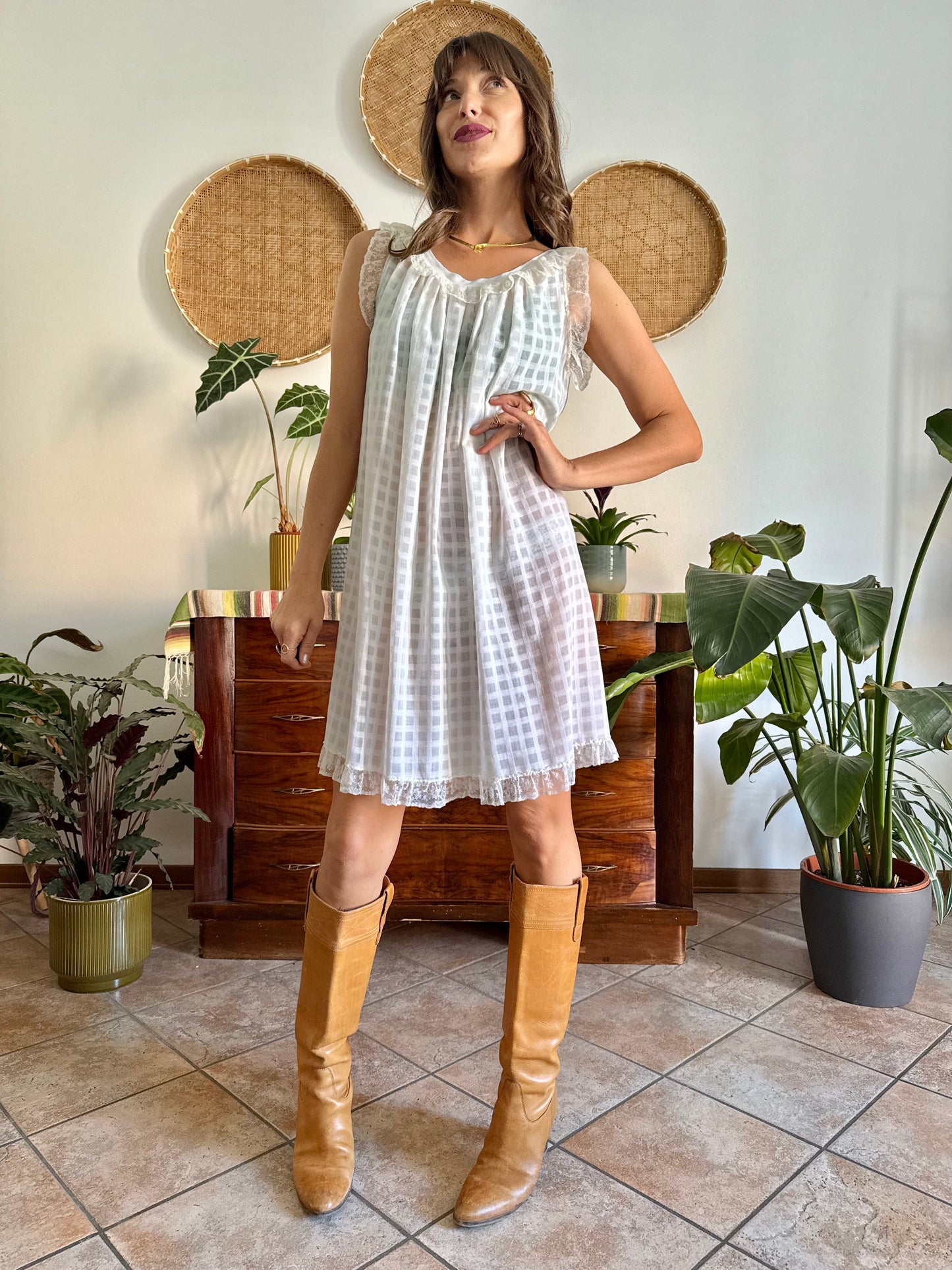 1970's vintage semi sheer cream plaid mini slip dress with lace ruffle and trim