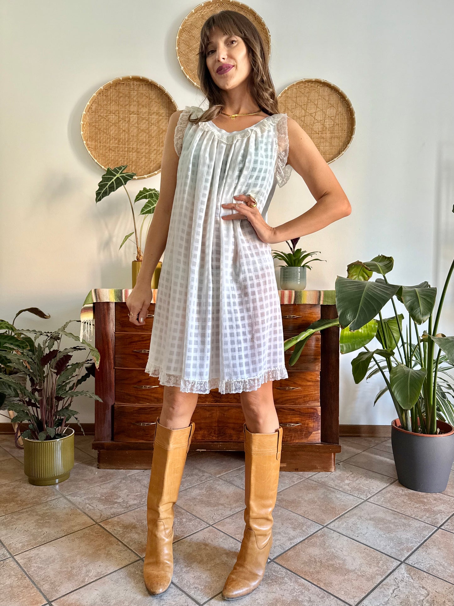 1970's vintage semi sheer cream plaid mini slip dress with lace ruffle and trim