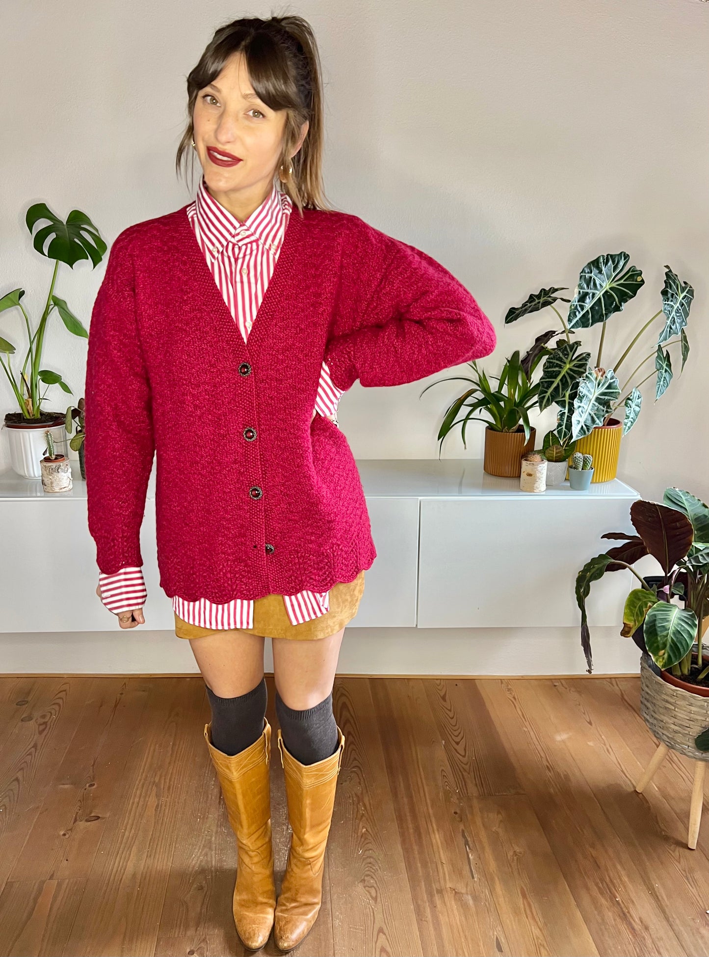 1970's vintage oversize burgundy hand knit wool cardigan