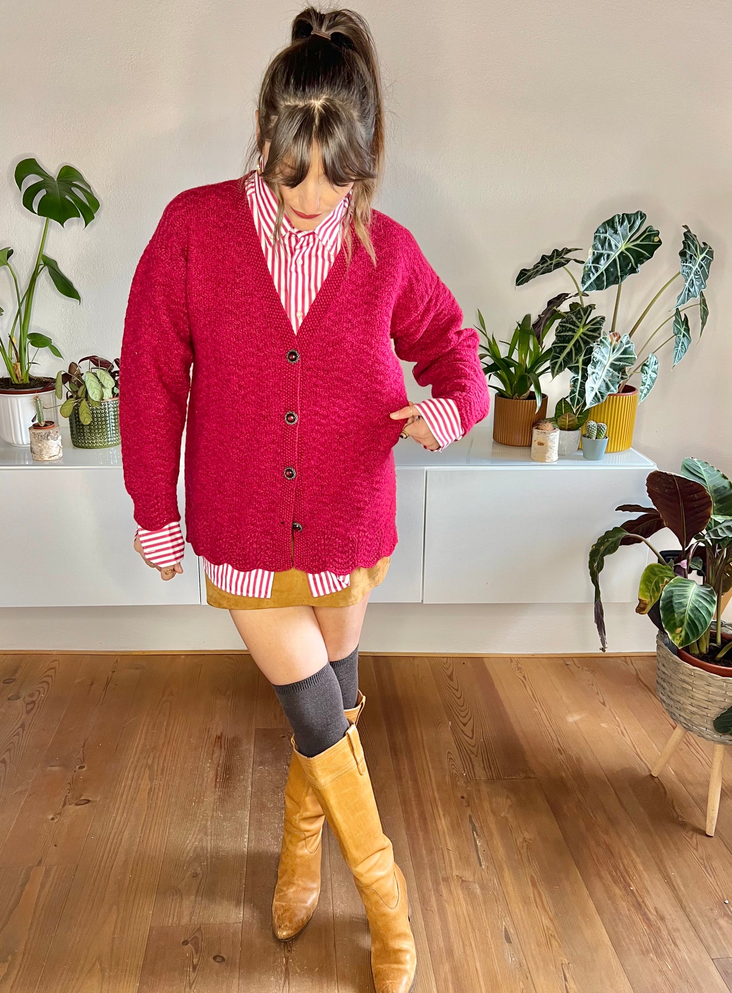 1970's vintage oversize burgundy hand knit wool cardigan