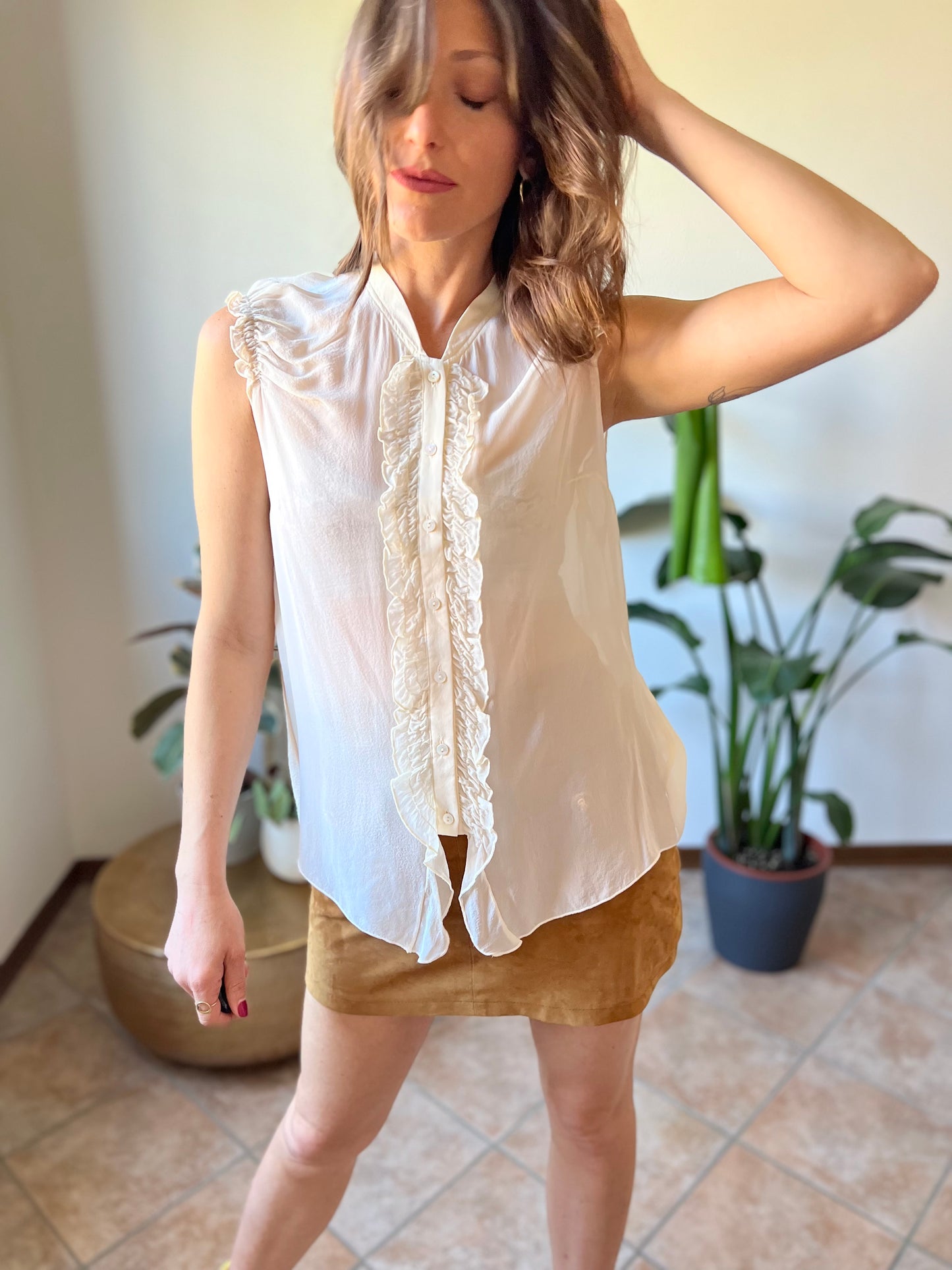 1990's vintage sheer silk cream blouse with ruffle details along from and shoulders