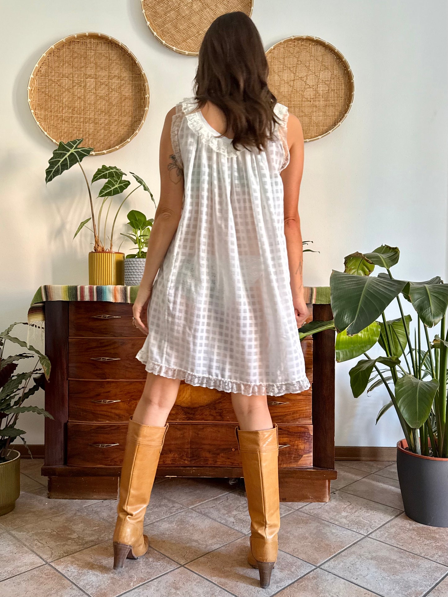 1970's vintage semi sheer cream plaid mini slip dress with lace ruffle and trim