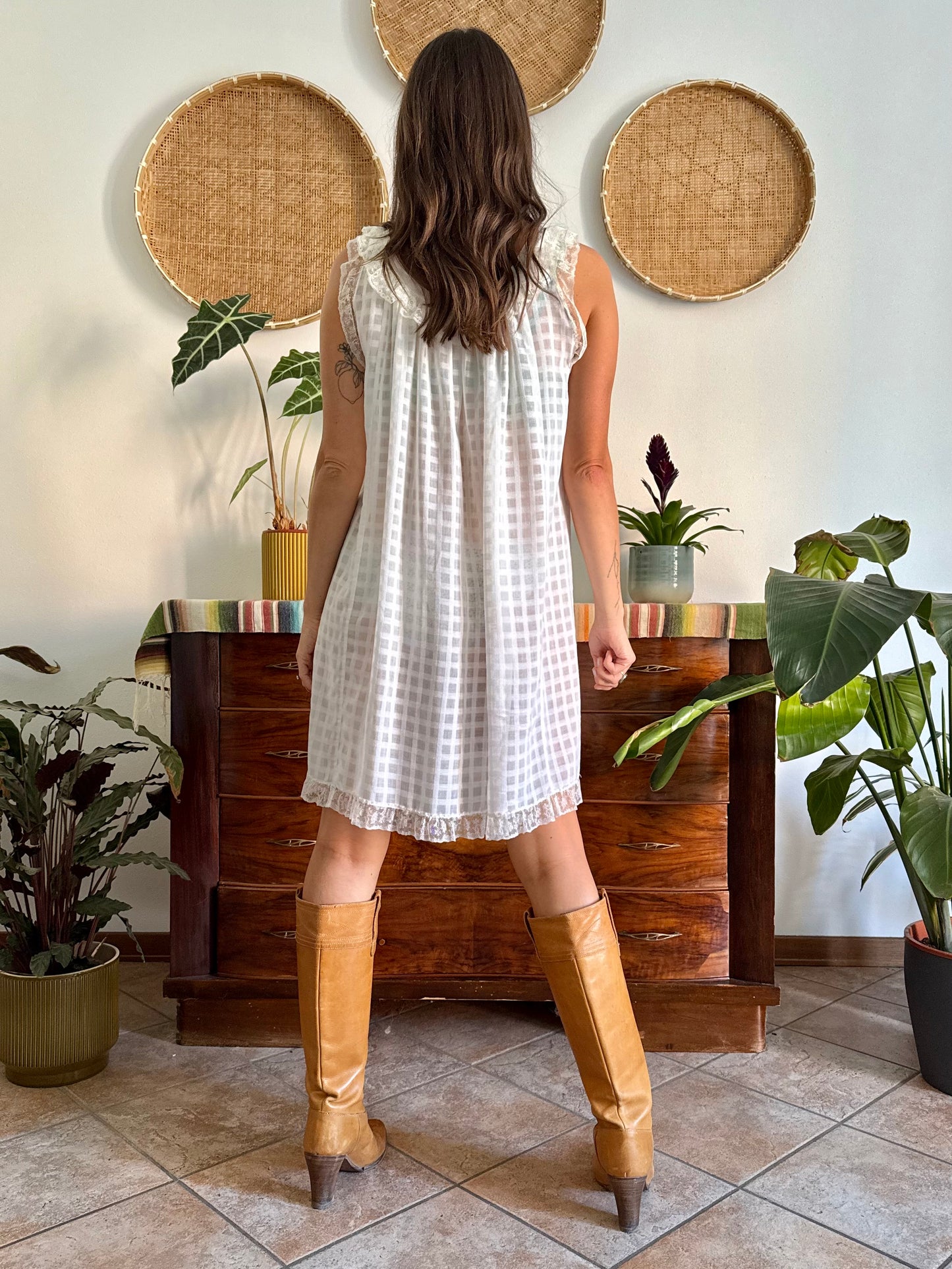 1970's vintage semi sheer cream plaid mini slip dress with lace ruffle and trim