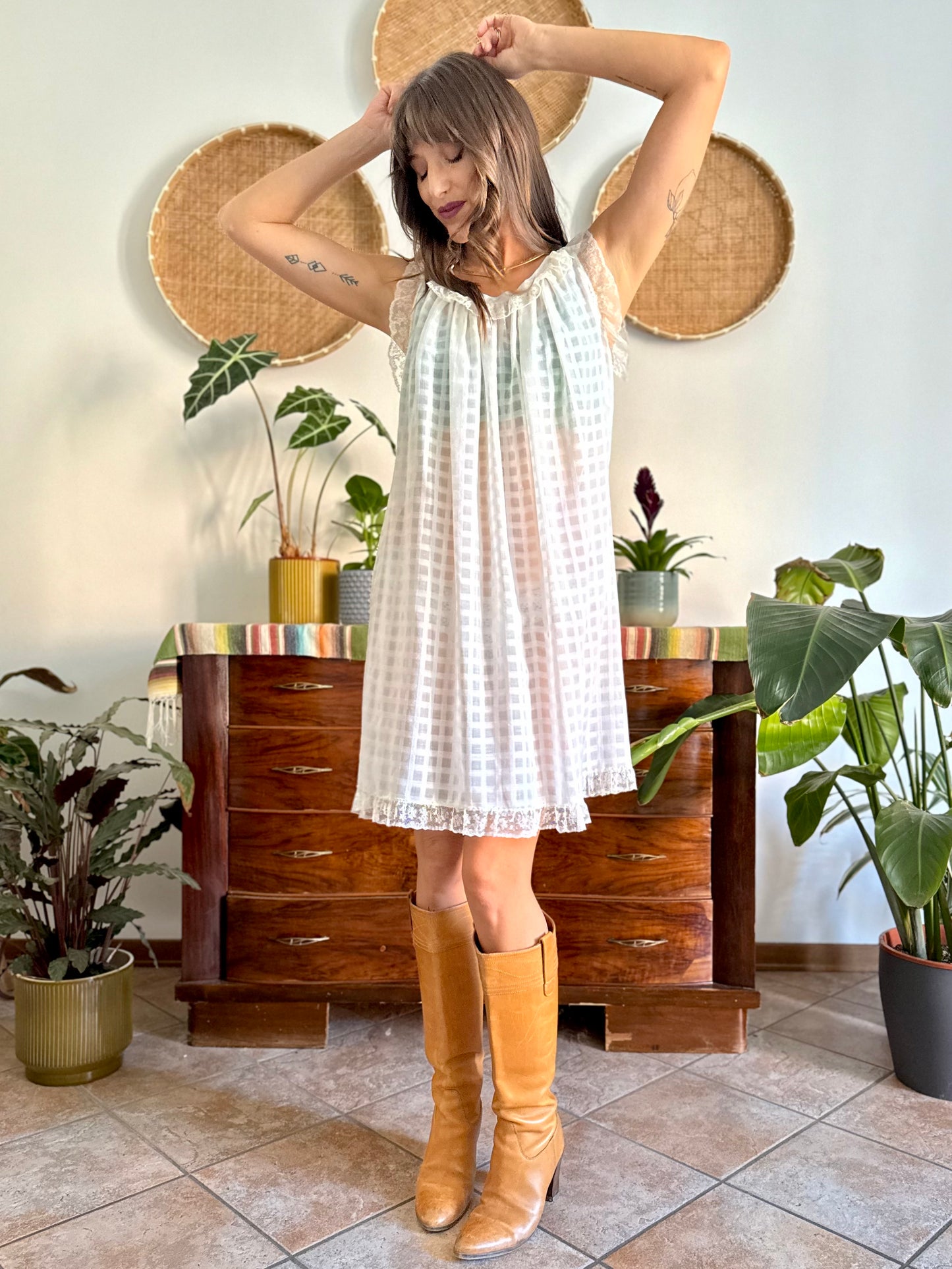 1970's vintage semi sheer cream plaid mini slip dress with lace ruffle and trim