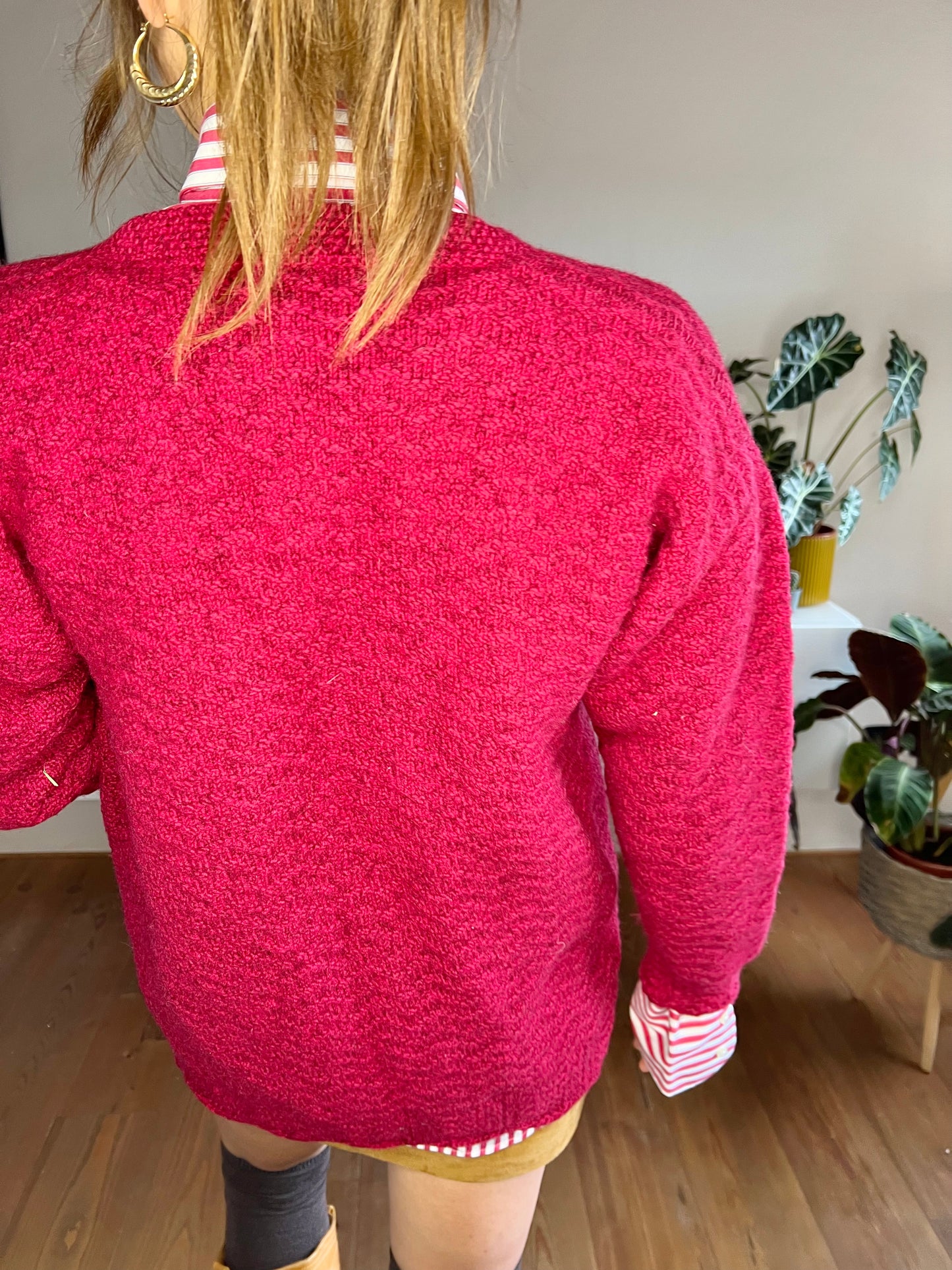 1970's vintage oversize burgundy hand knit wool cardigan