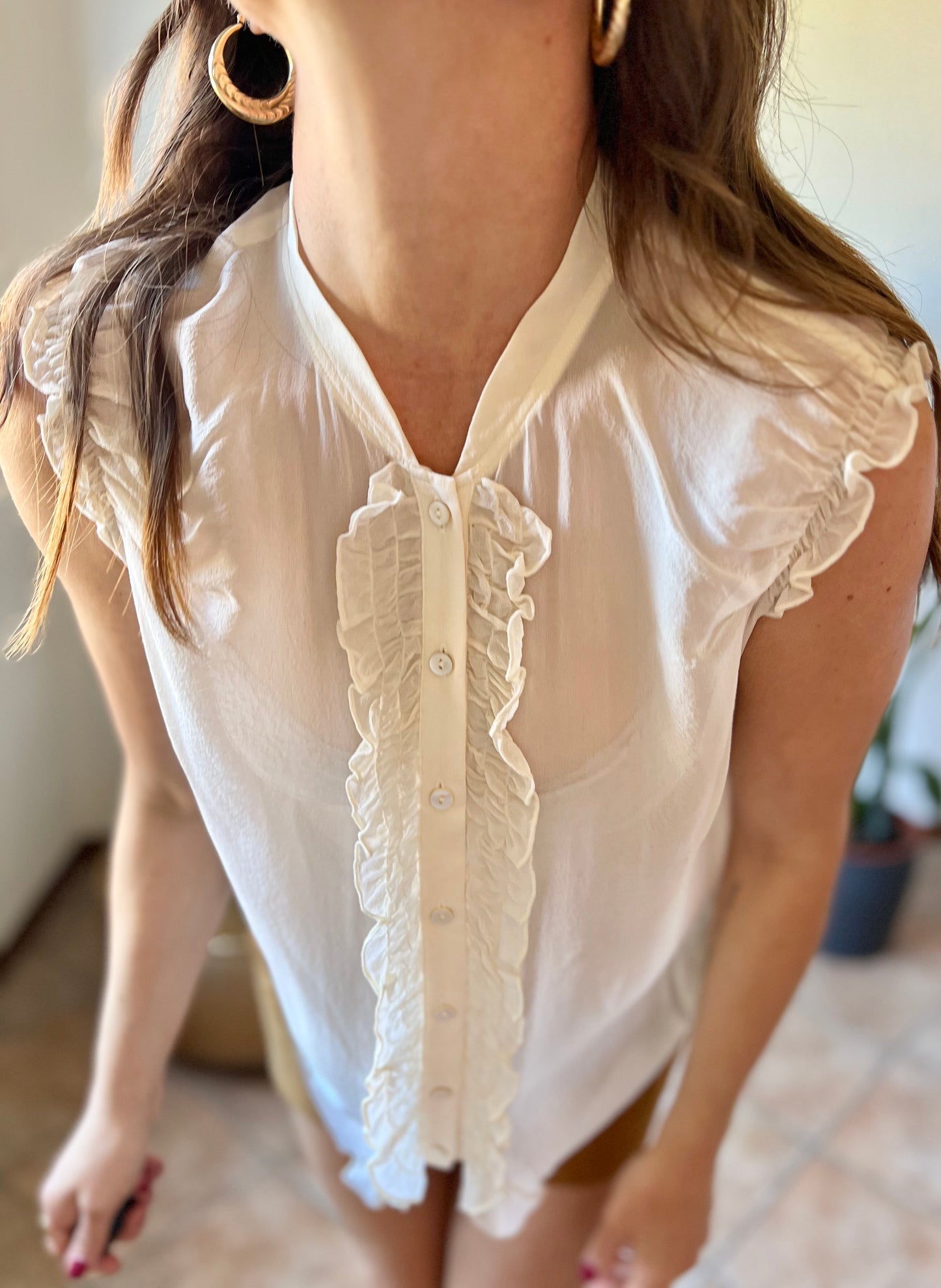 1990's vintage sheer silk cream blouse with ruffle details along from and shoulders