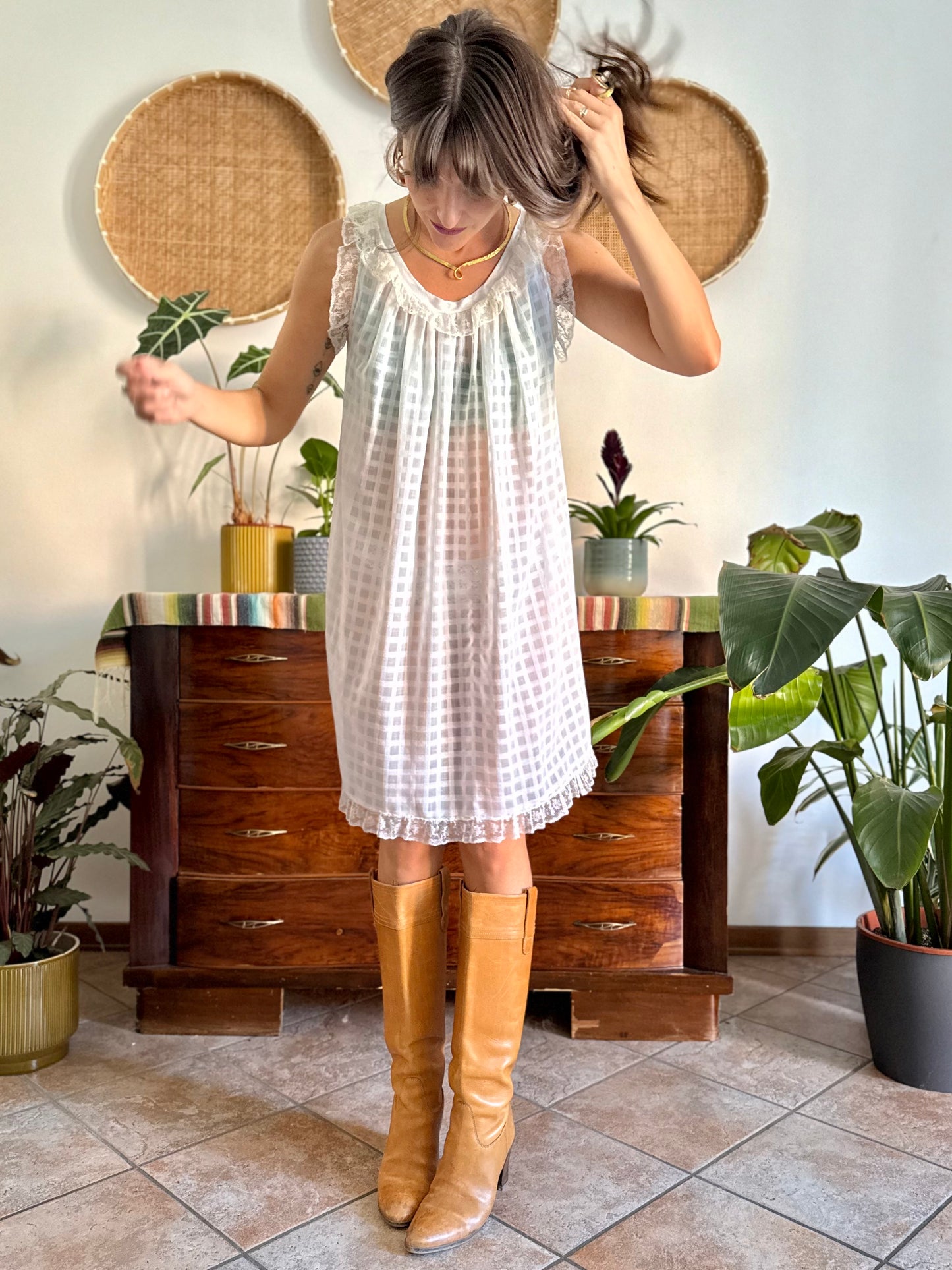 1970's vintage semi sheer cream plaid mini slip dress with lace ruffle and trim