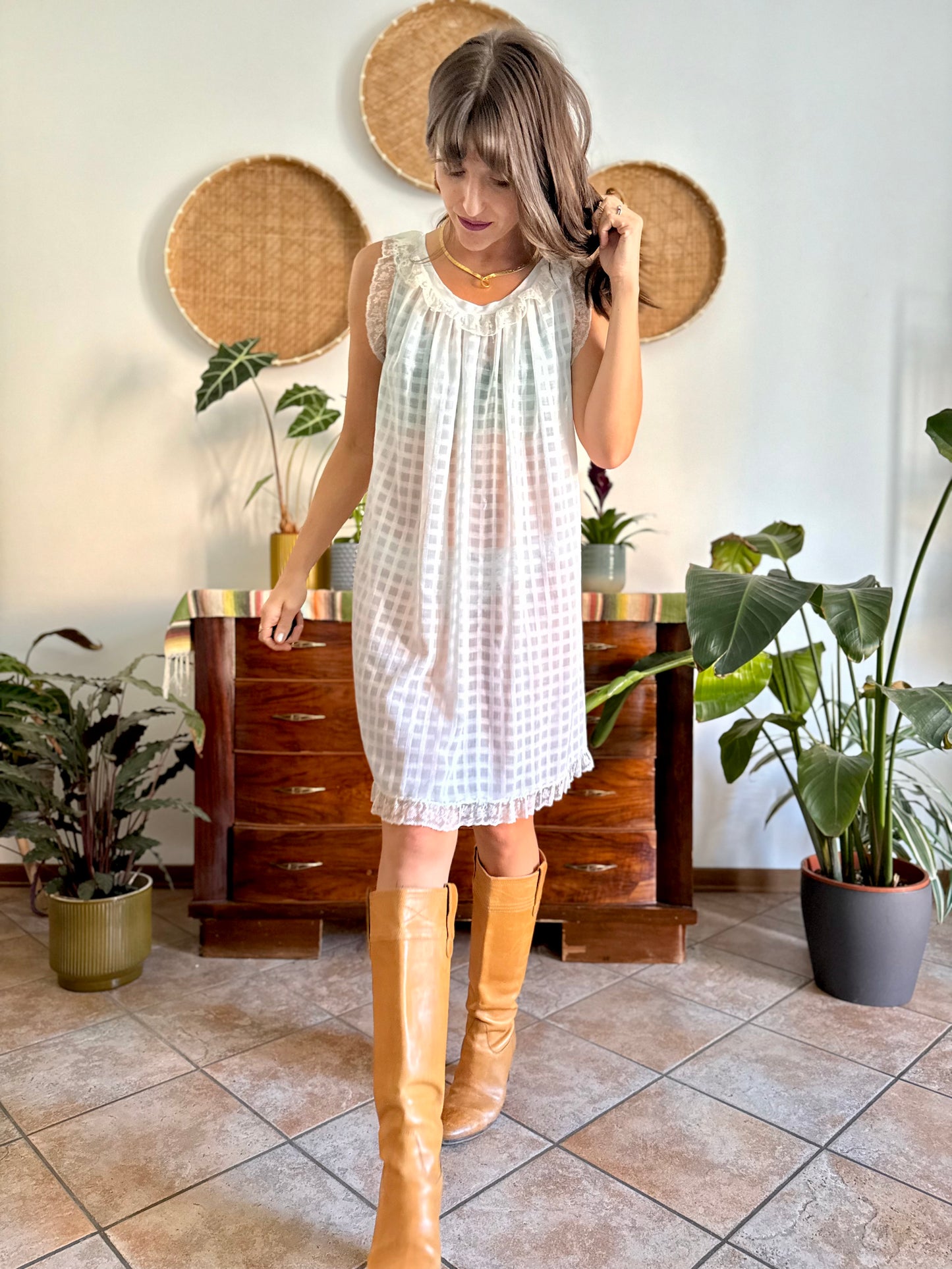 1970's vintage semi sheer cream plaid mini slip dress with lace ruffle and trim