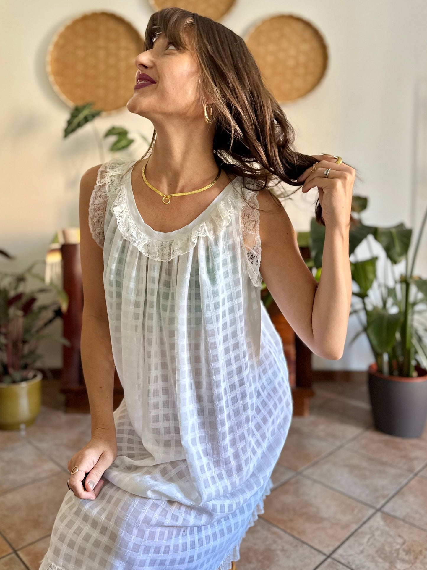 1970's vintage semi sheer cream plaid mini slip dress with lace ruffle and trim