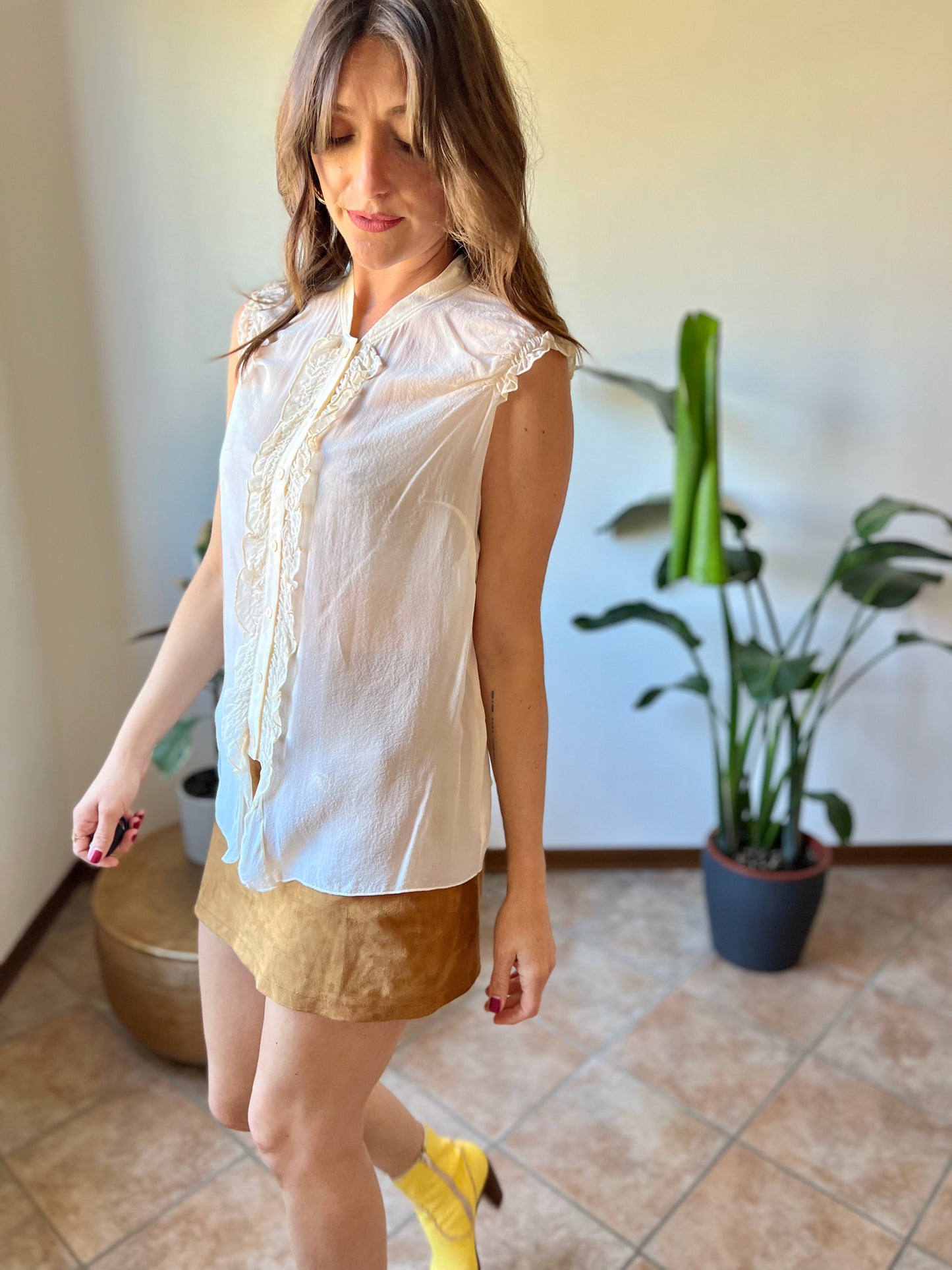 1990's vintage sheer silk cream blouse with ruffle details along from and shoulders