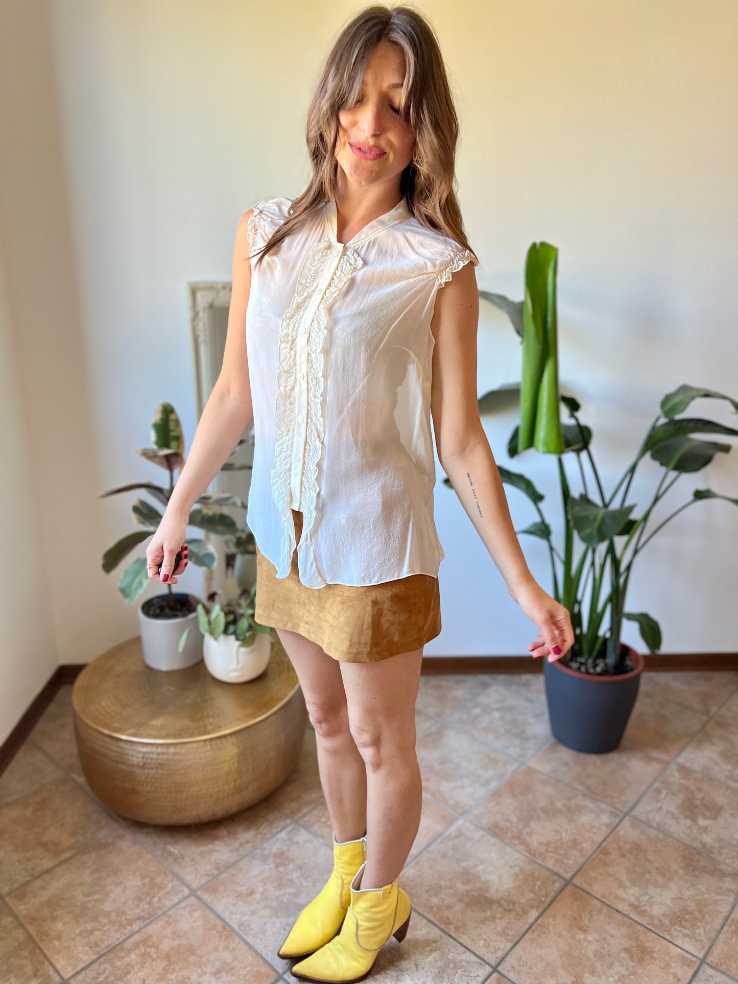 1990's vintage sheer silk cream blouse with ruffle details along from and shoulders