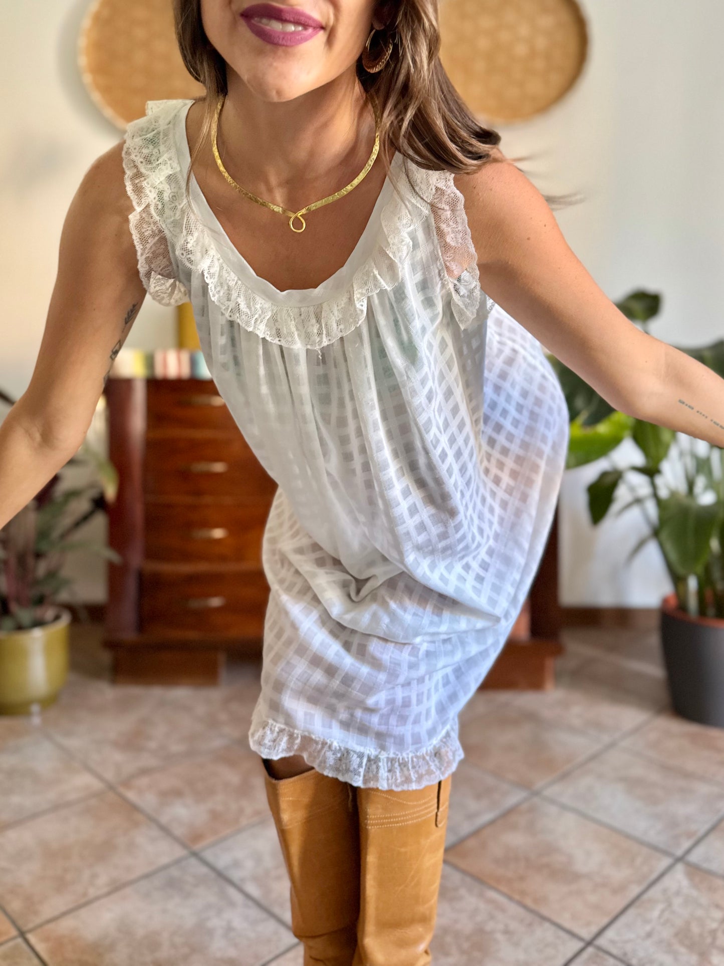1970's vintage semi sheer cream plaid mini slip dress with lace ruffle and trim