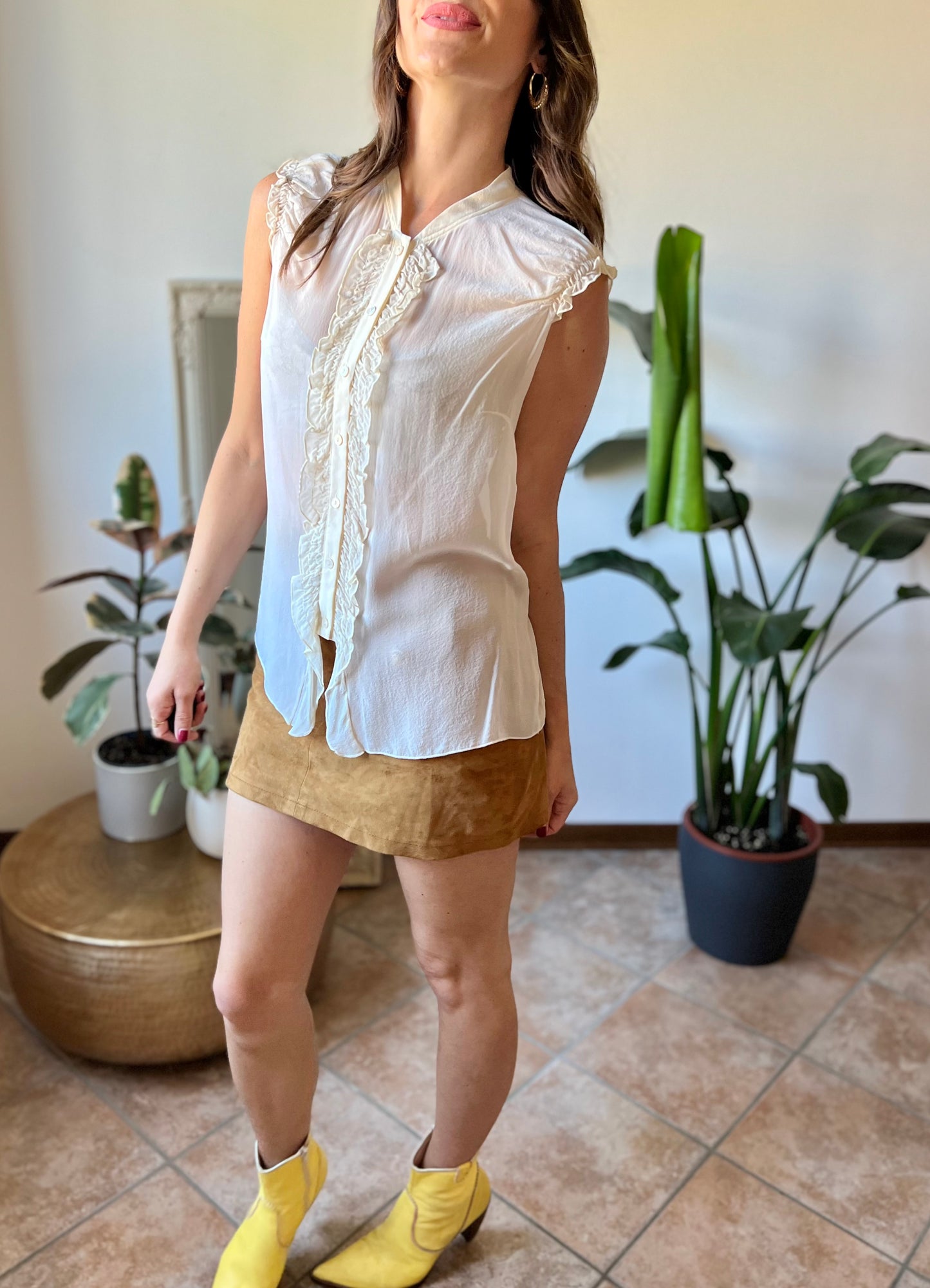 1990's vintage sheer silk cream blouse with ruffle details along from and shoulders