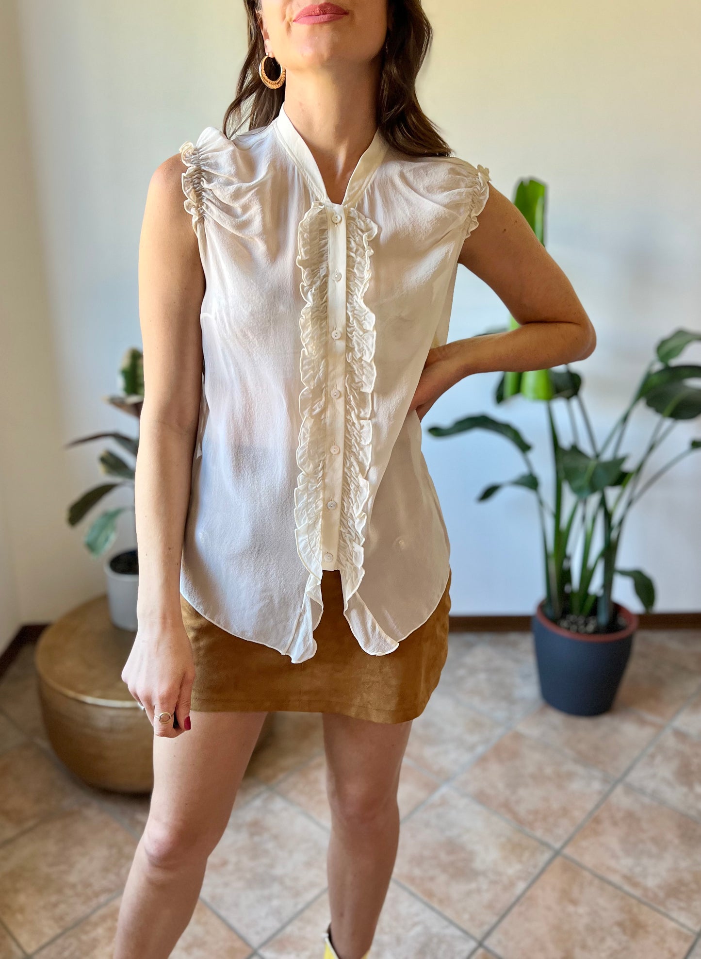 1990's vintage sheer silk cream blouse with ruffle details along from and shoulders
