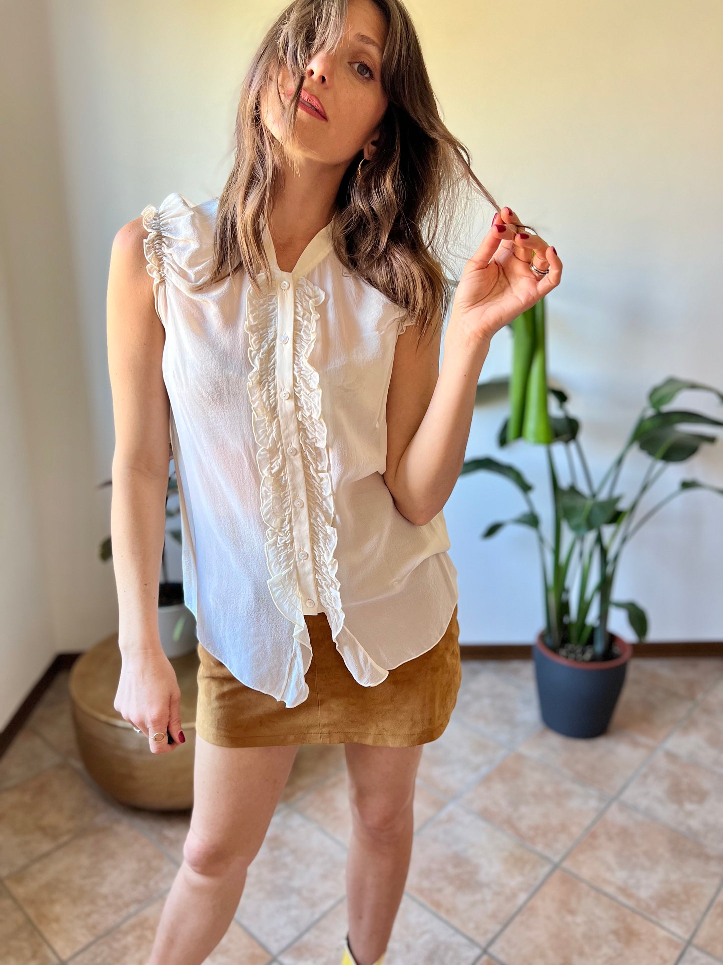 1990's vintage sheer silk cream blouse with ruffle details along from and shoulders