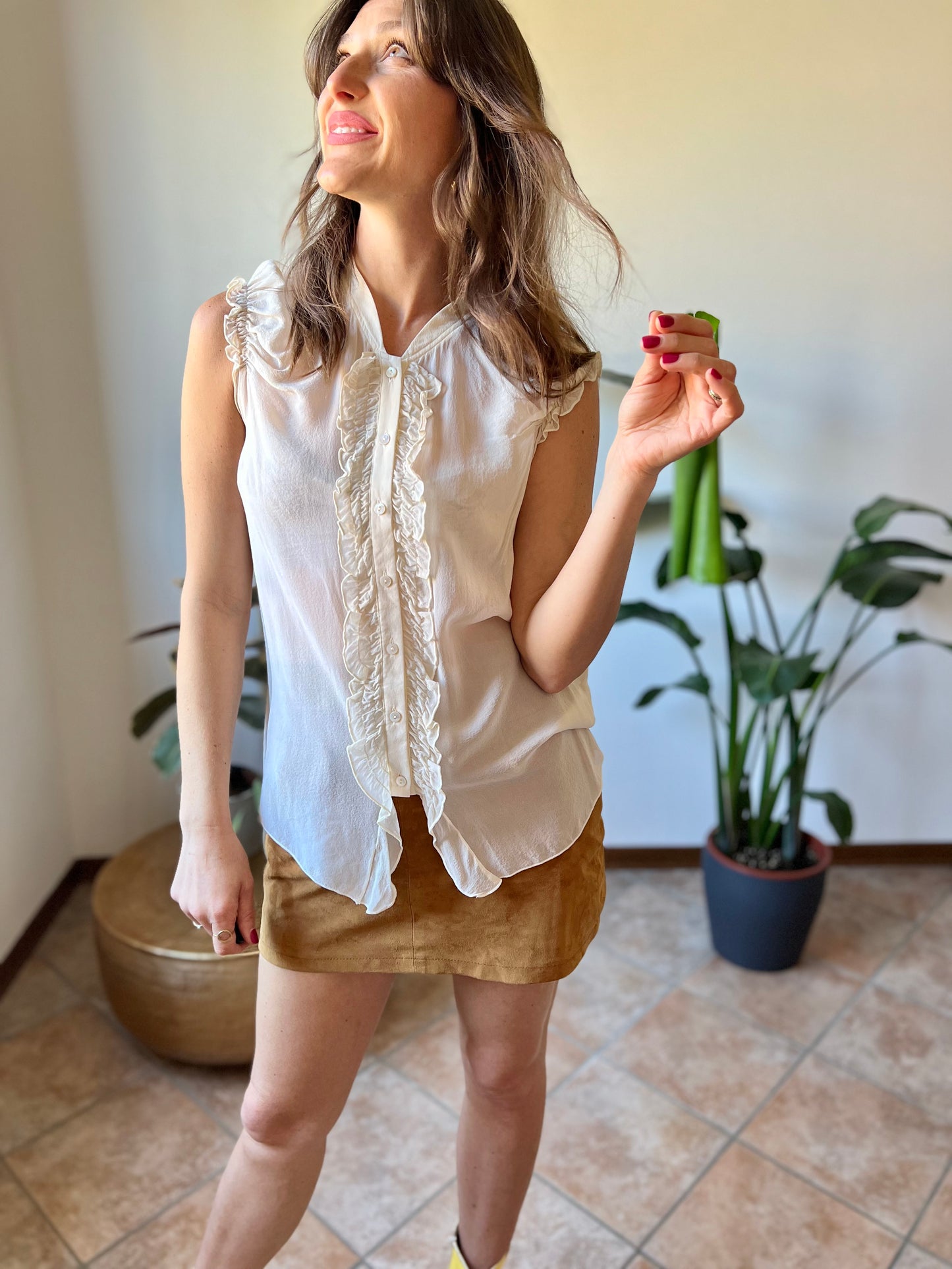 1990's vintage sheer silk cream blouse with ruffle details along from and shoulders