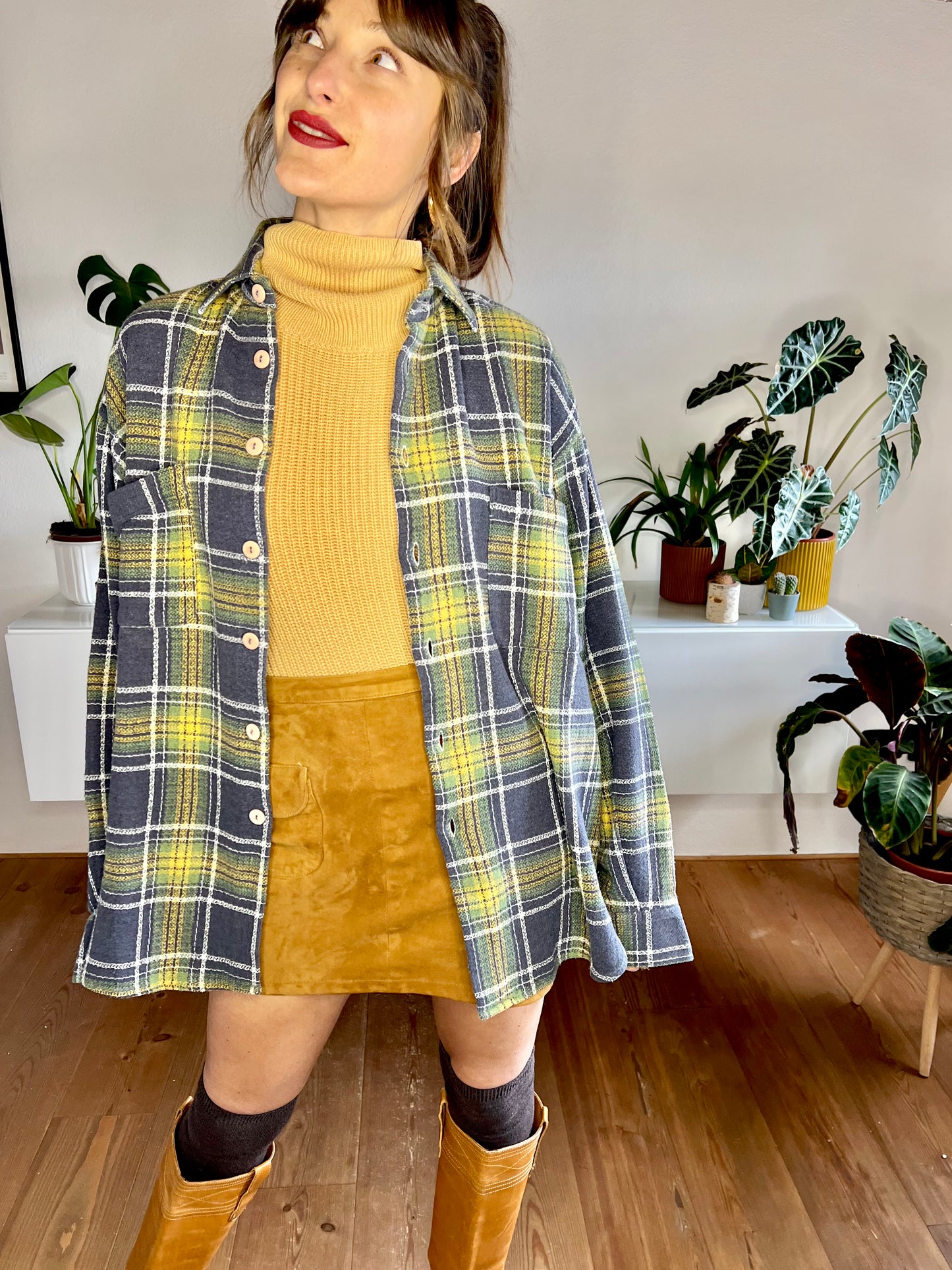 1970's vintage yellow, green and navy plaid woven flannel shirt