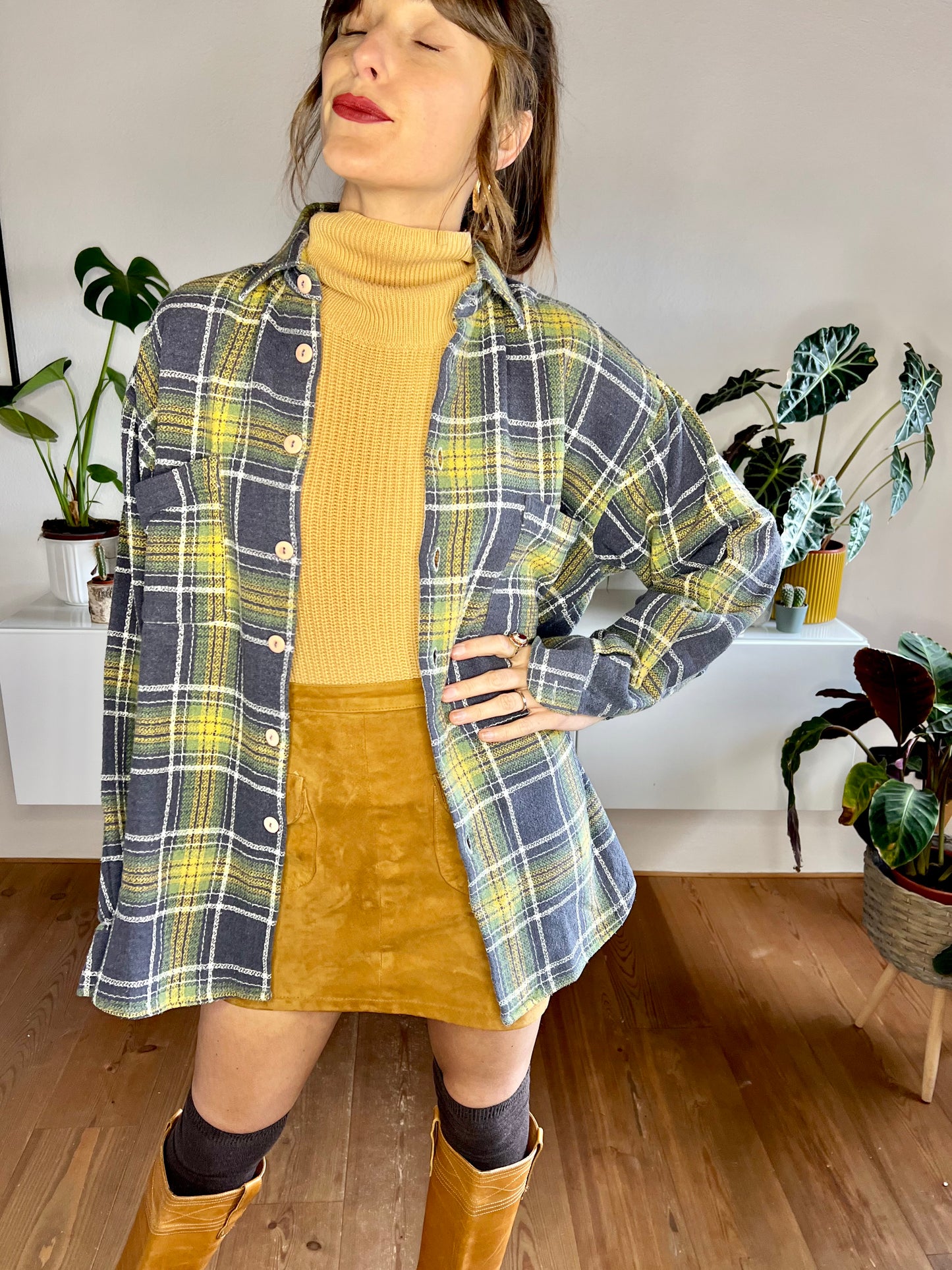 1970's vintage yellow, green and navy plaid woven flannel shirt