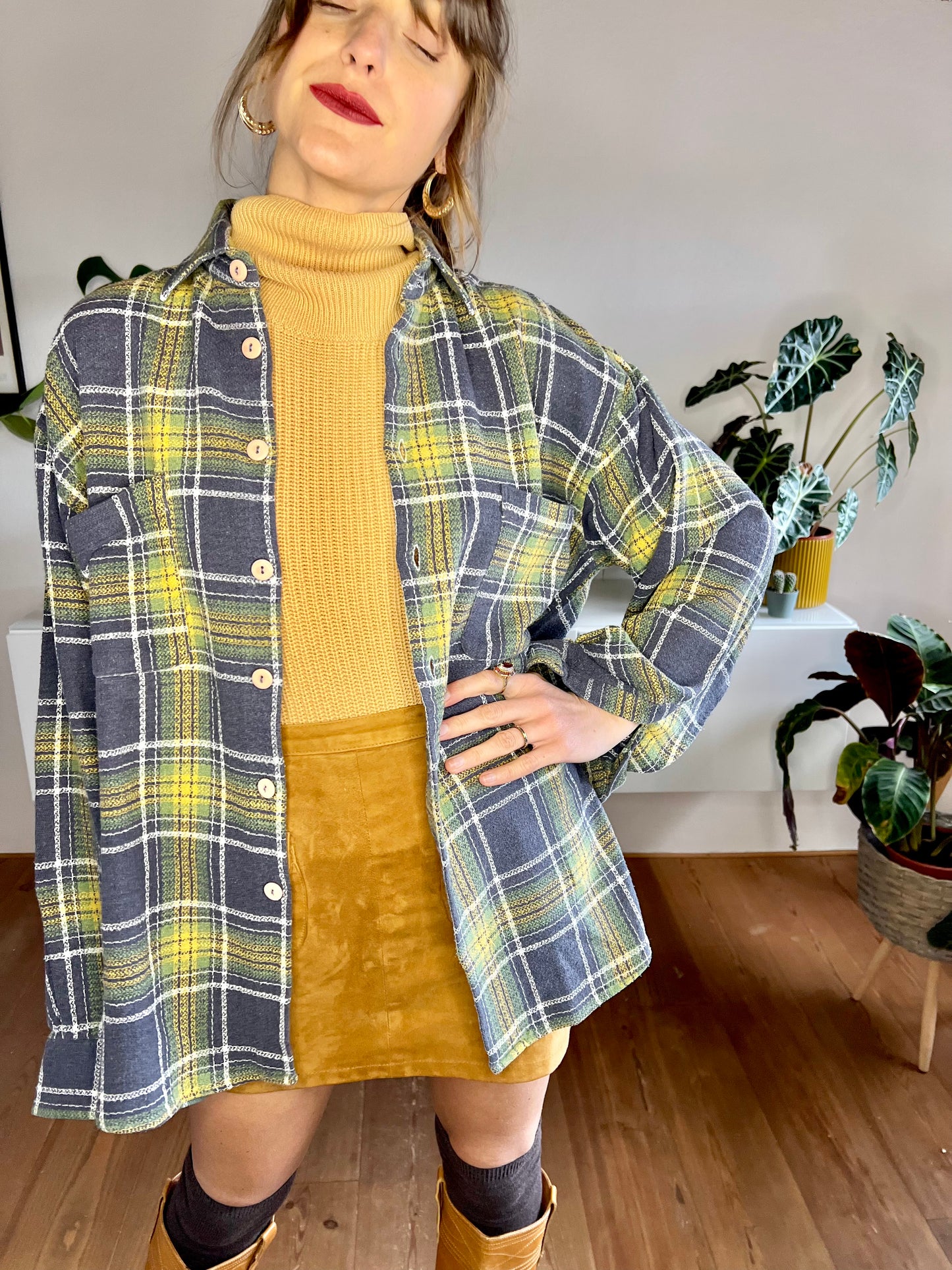 1970's vintage yellow, green and navy plaid woven flannel shirt