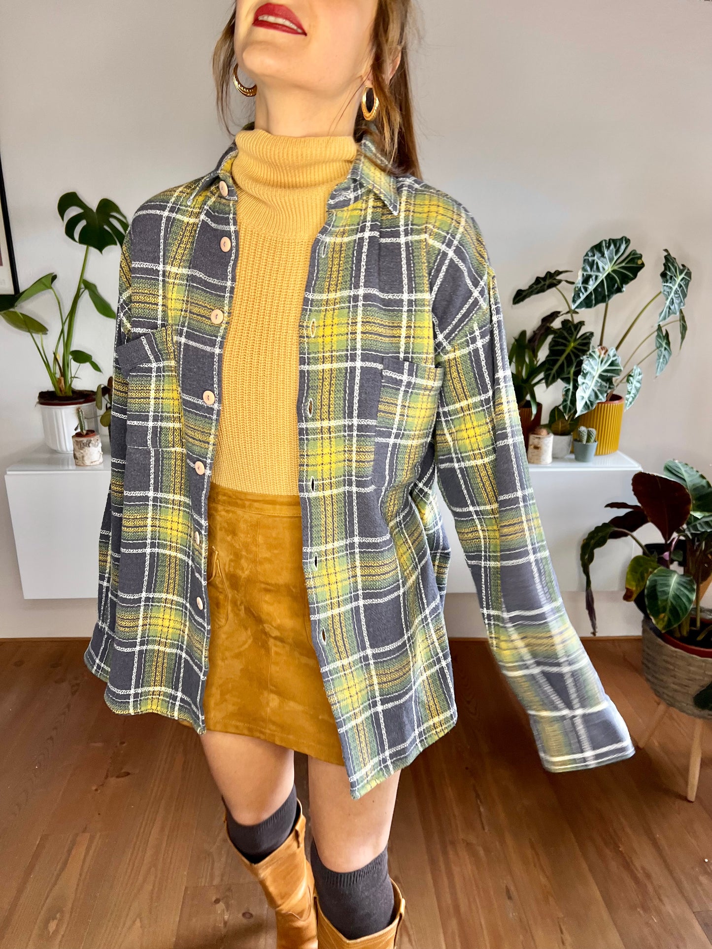1970's vintage yellow, green and navy plaid woven flannel shirt