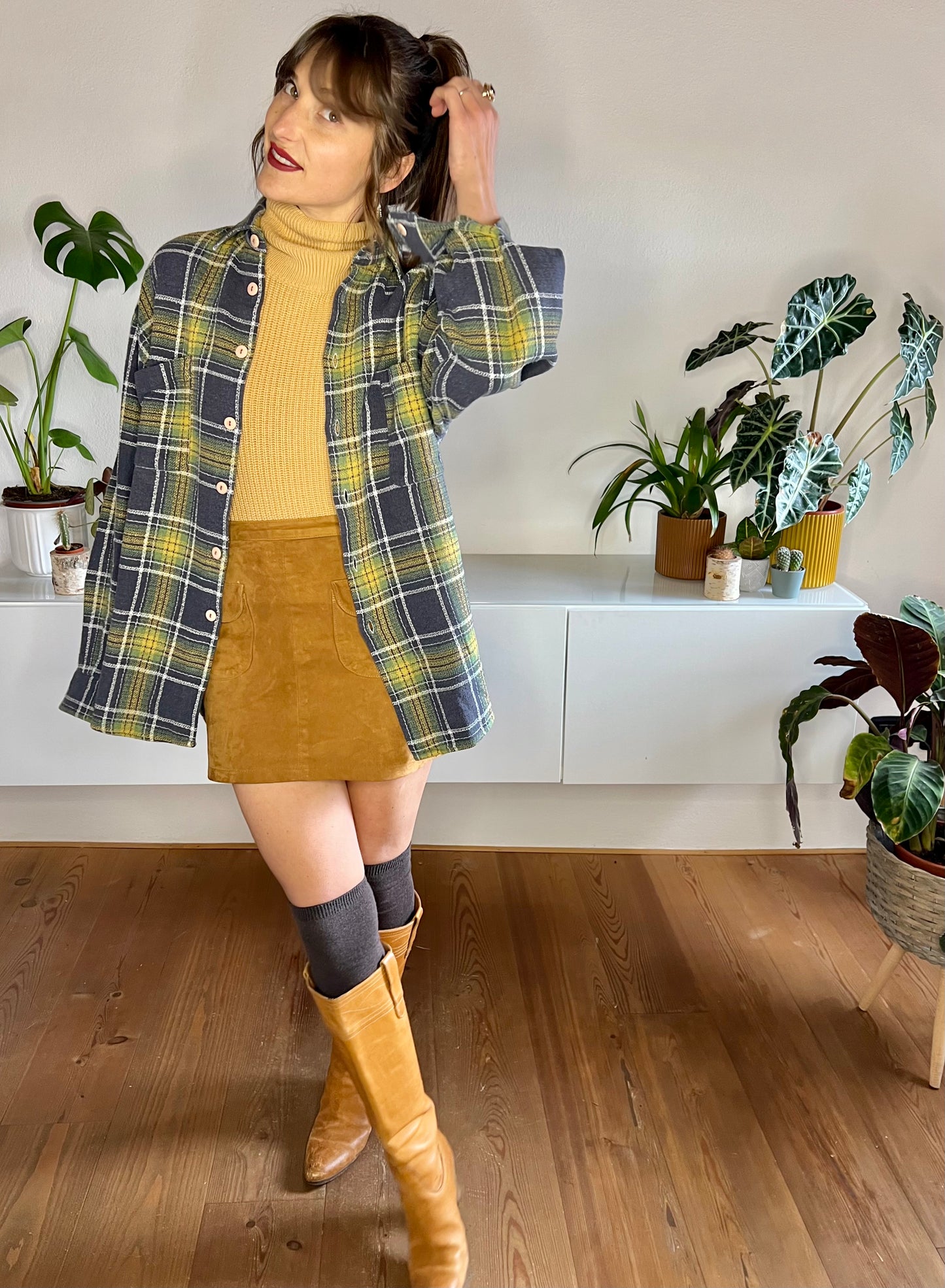 1970's vintage yellow, green and navy plaid woven flannel shirt