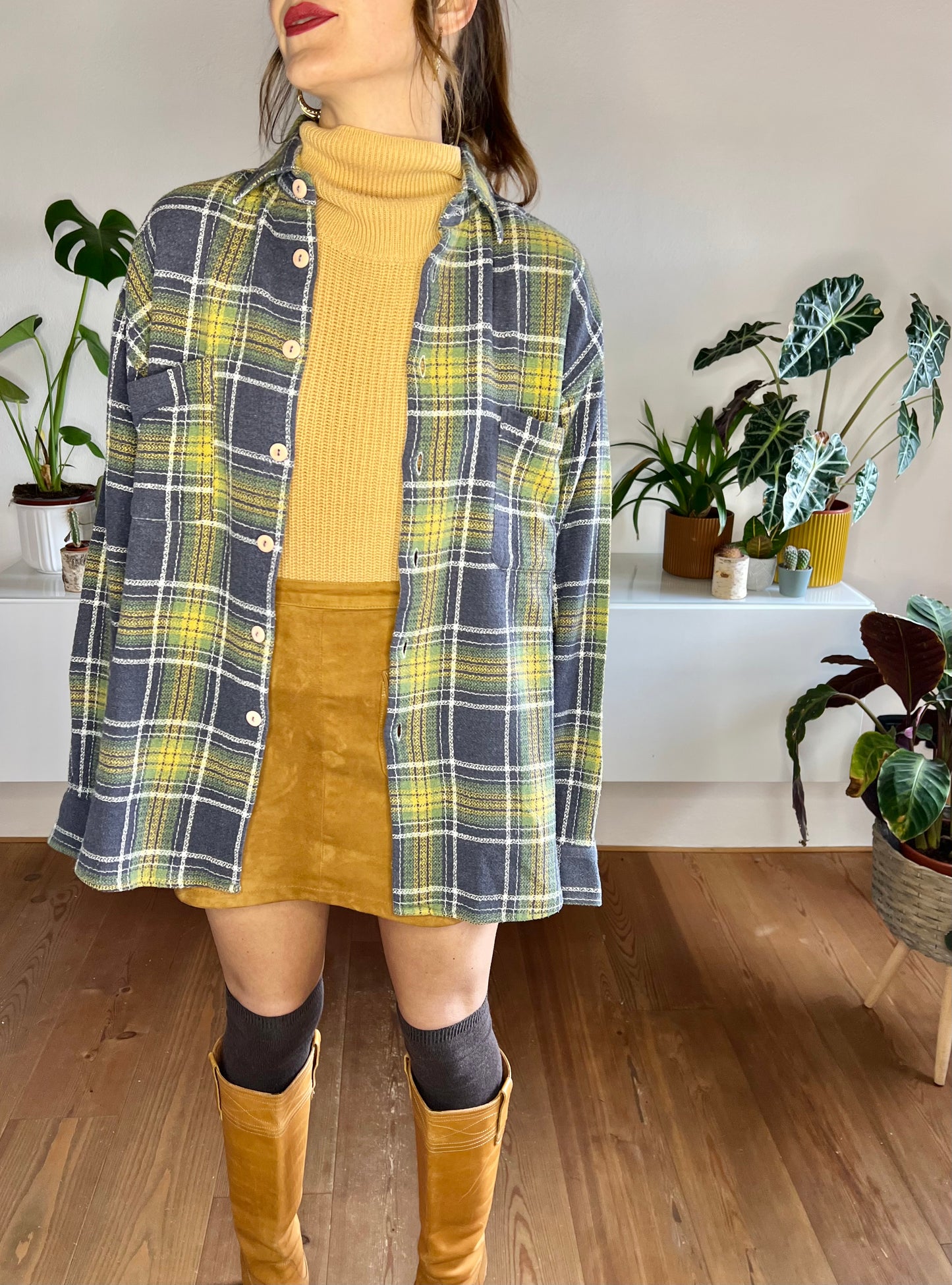 1970's vintage yellow, green and navy plaid woven flannel shirt