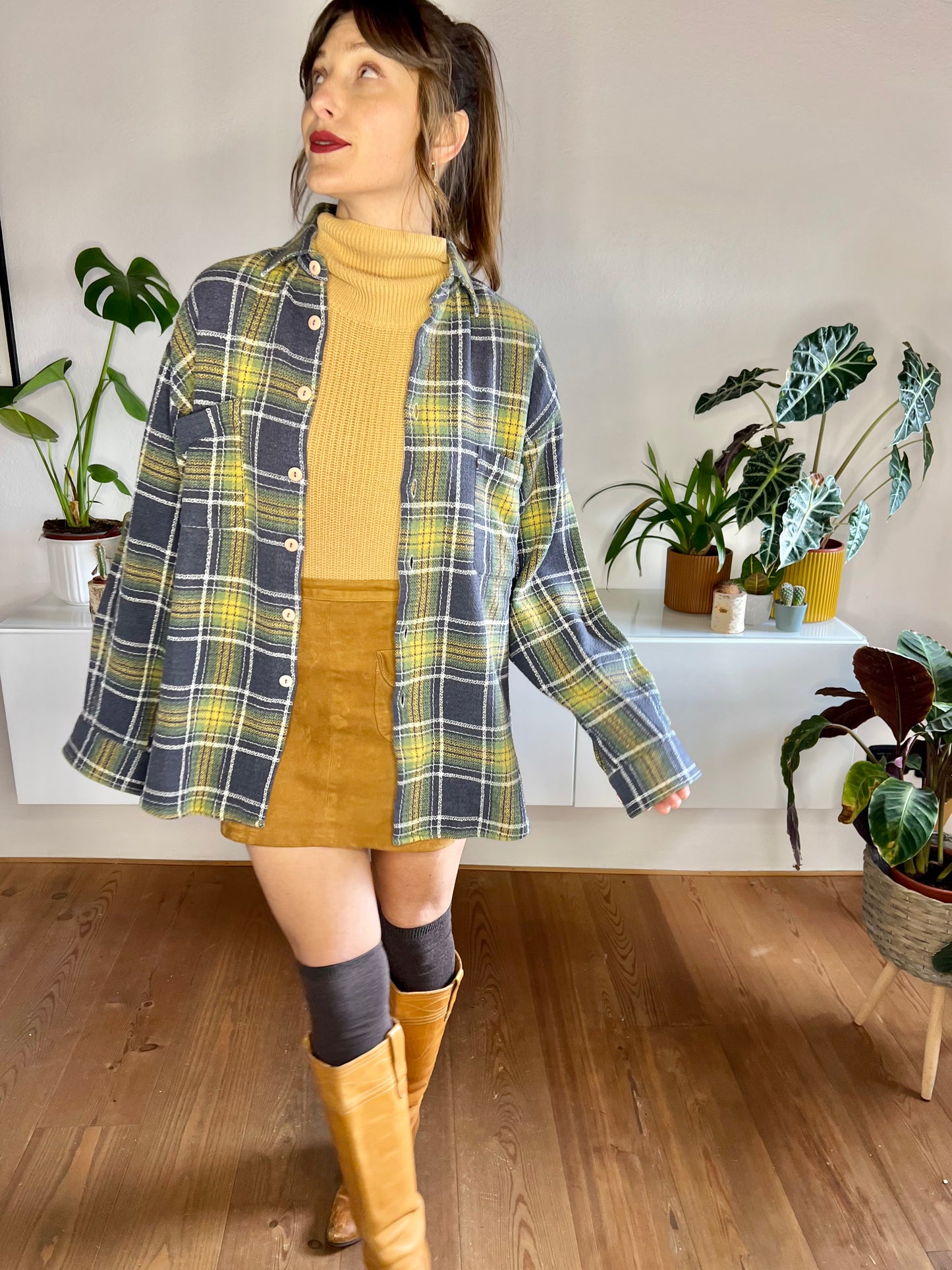 1970's vintage yellow, green and navy plaid woven flannel shirt