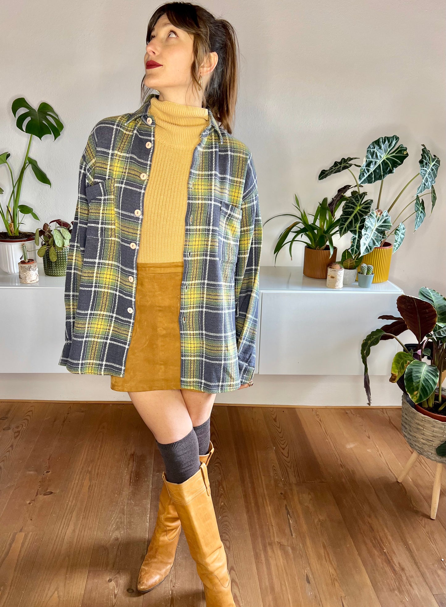 1970's vintage yellow, green and navy plaid woven flannel shirt