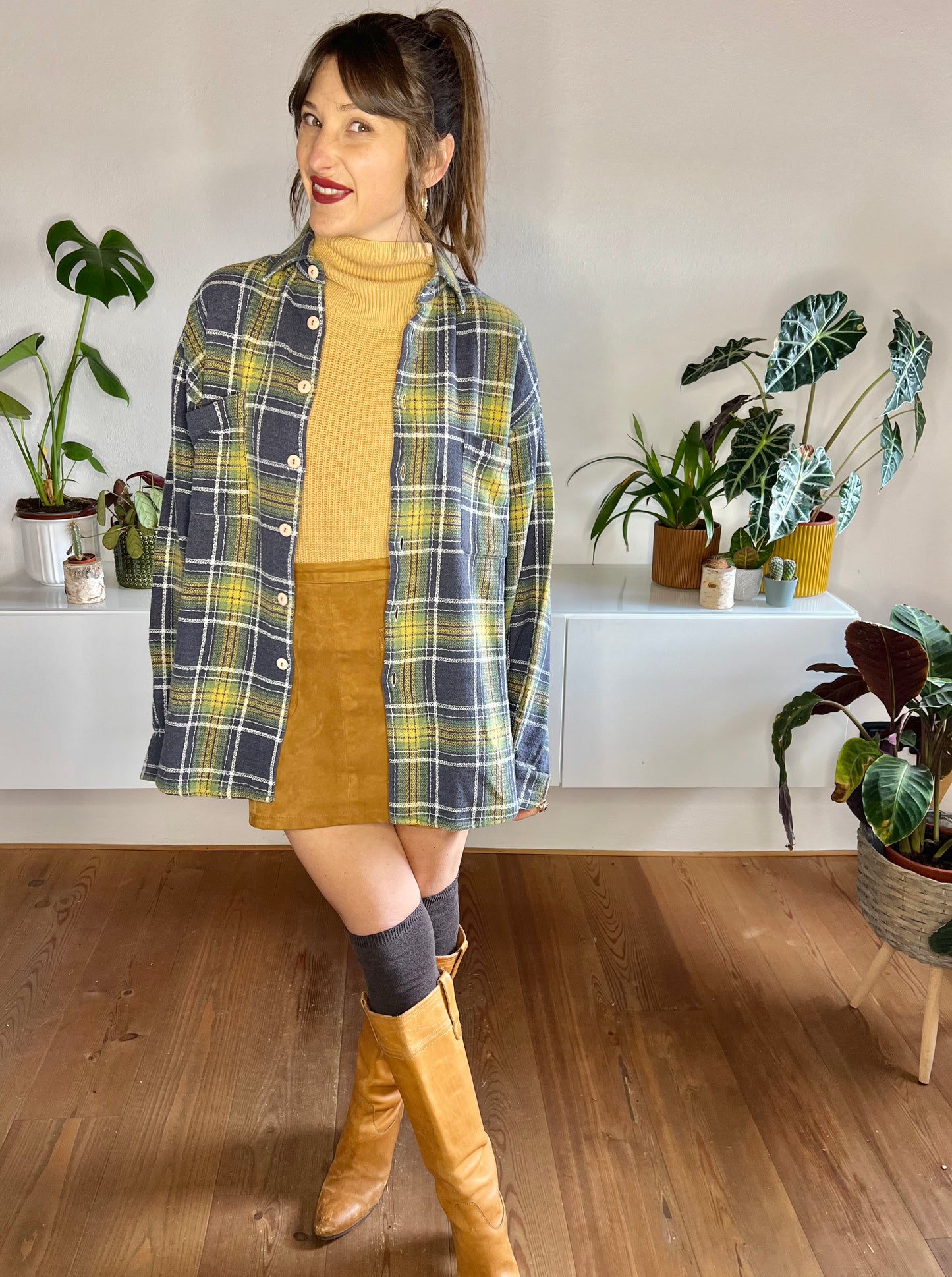 1970's vintage yellow, green and navy plaid woven flannel shirt