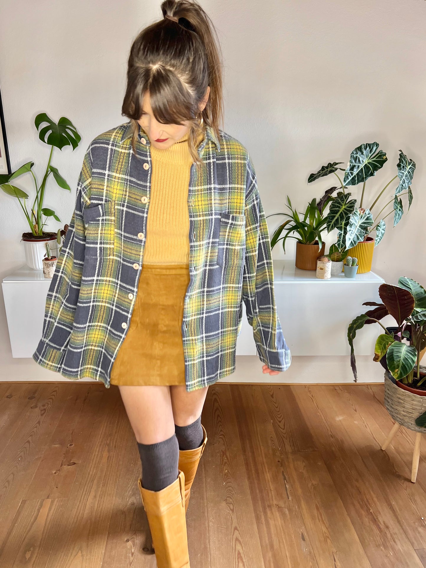 1970's vintage yellow, green and navy plaid woven flannel shirt