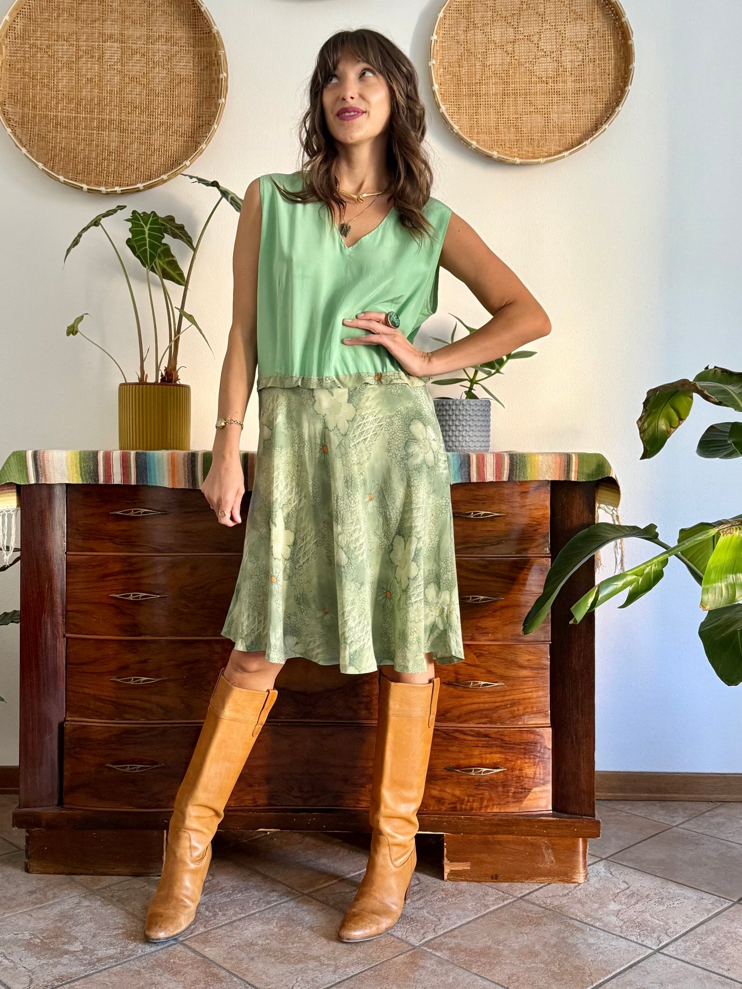 1960's vintage hand made mint green silk midi dress with floral print