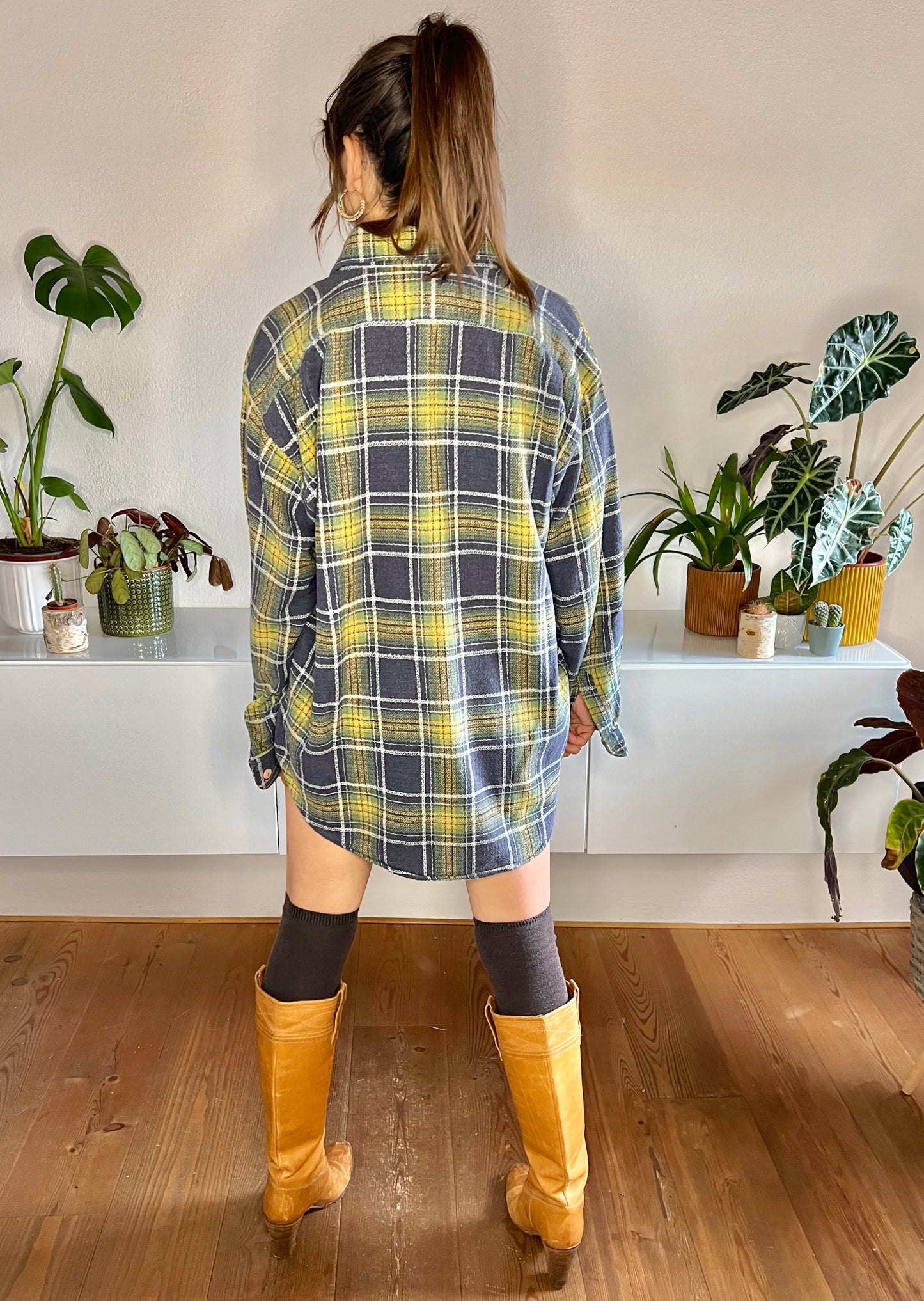1970's vintage yellow, green and navy plaid woven flannel shirt